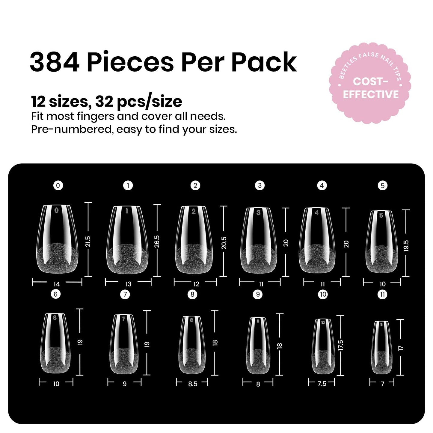 Beetles Gel Nail Tips Etch-X- Coffin Short, 384pcs 12 Sizes, Pre-Etched Half Matte Full Cover Soft Gel Nail Tips, Press on False Nail Extension Acrylic Fake Nails, Easy DIY Salon Art