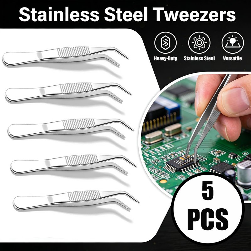 5Pack Stainless Steel Tweezers with Curved Tip Curved Serrated Tip Multipurpose Forcep for Craft, Sewing Machine, DIY Crafts, Jewelry Making, Electronics Repair, Precision Work & Hobby Project