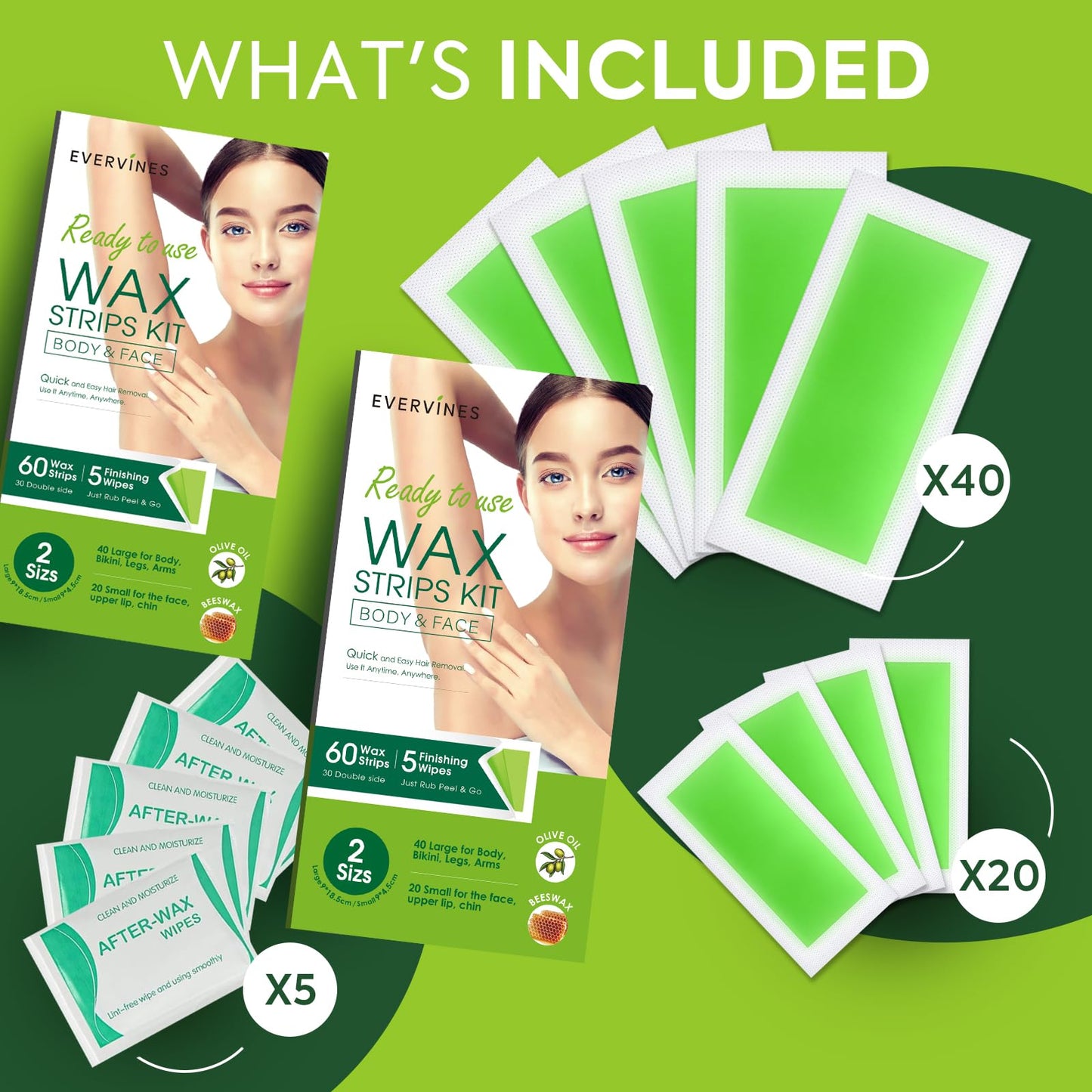 Evervines Body Wax Strips for Hair Removal: 60 Strips (40 Large, 20 Small) & 5 Oil Wipes – Gentle & Fast for Body, Legs, Face, Eyebrows, Bikini, Lip & Chin – Ideal for women& Men Home & Travel