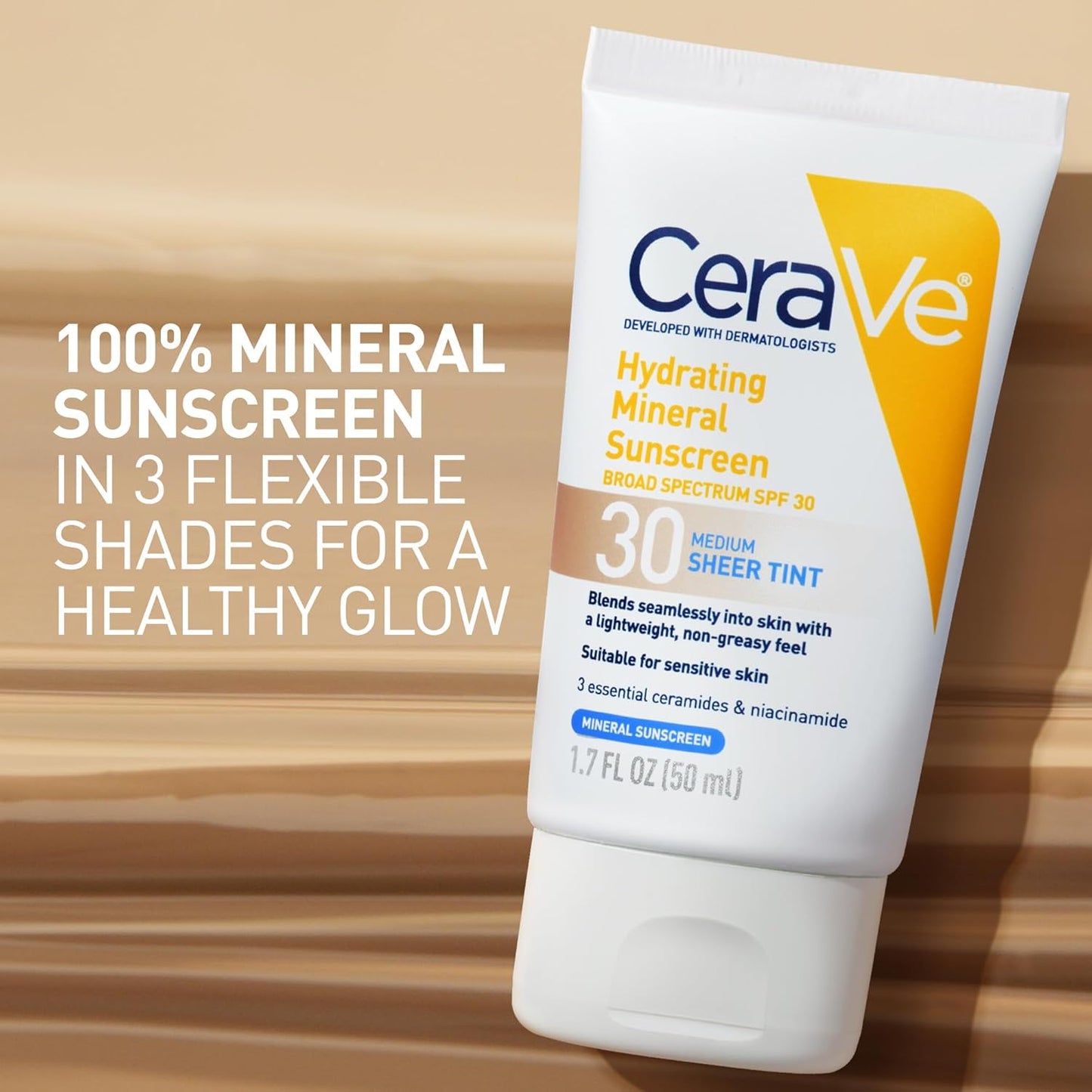 CeraVe Hydrating Mineral Sunscreen SPF 30 - Tinted Zinc Oxide Formula for a Healthy Glow | 1.7 Oz