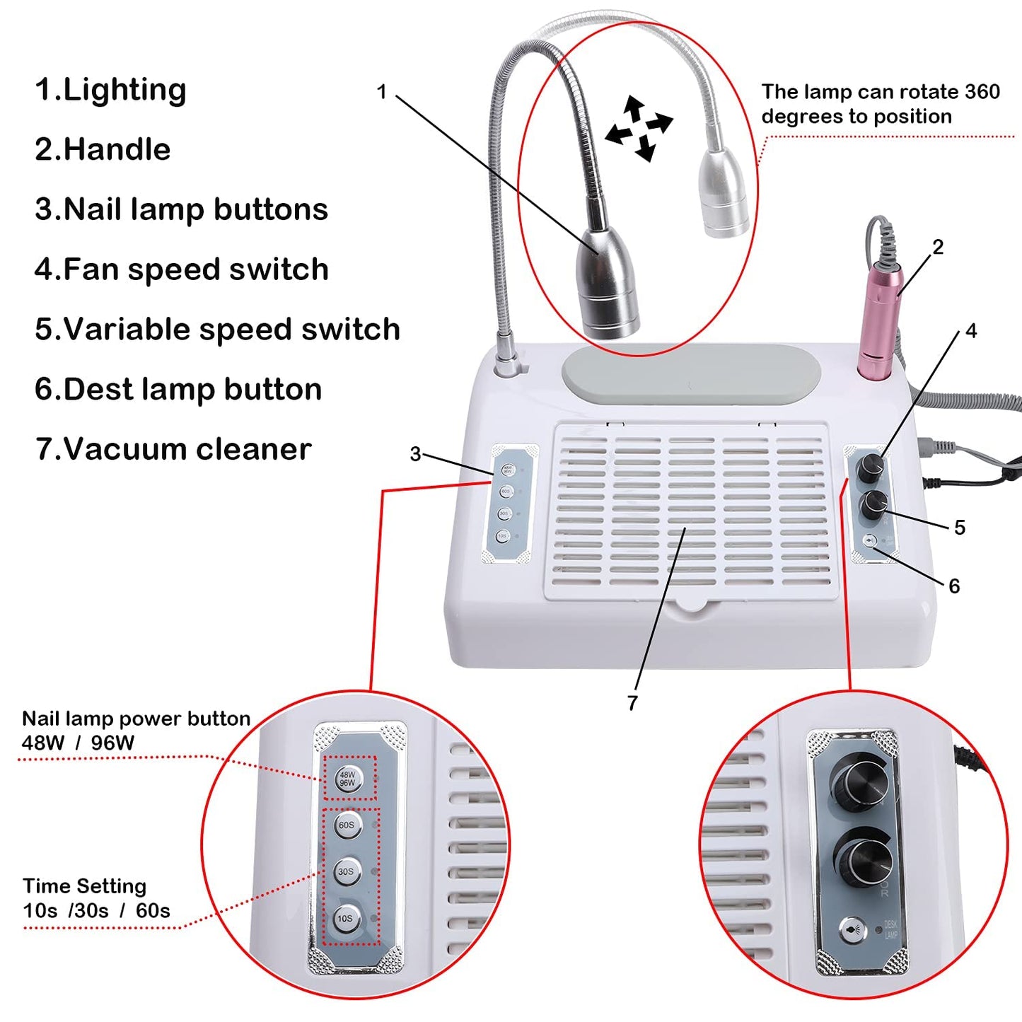 Nail Dust Collector Vacuum - 40W Multifunction Nail Art Machine | 30000 RPM Drill, UV LED Lamp & Hand Cushion