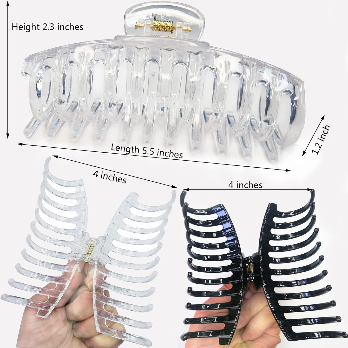 Jumbo Hair Clips for Thick Hair - Long Butterfly Accessories | 5.5 Inch, 2 Pack (Black & Clear)