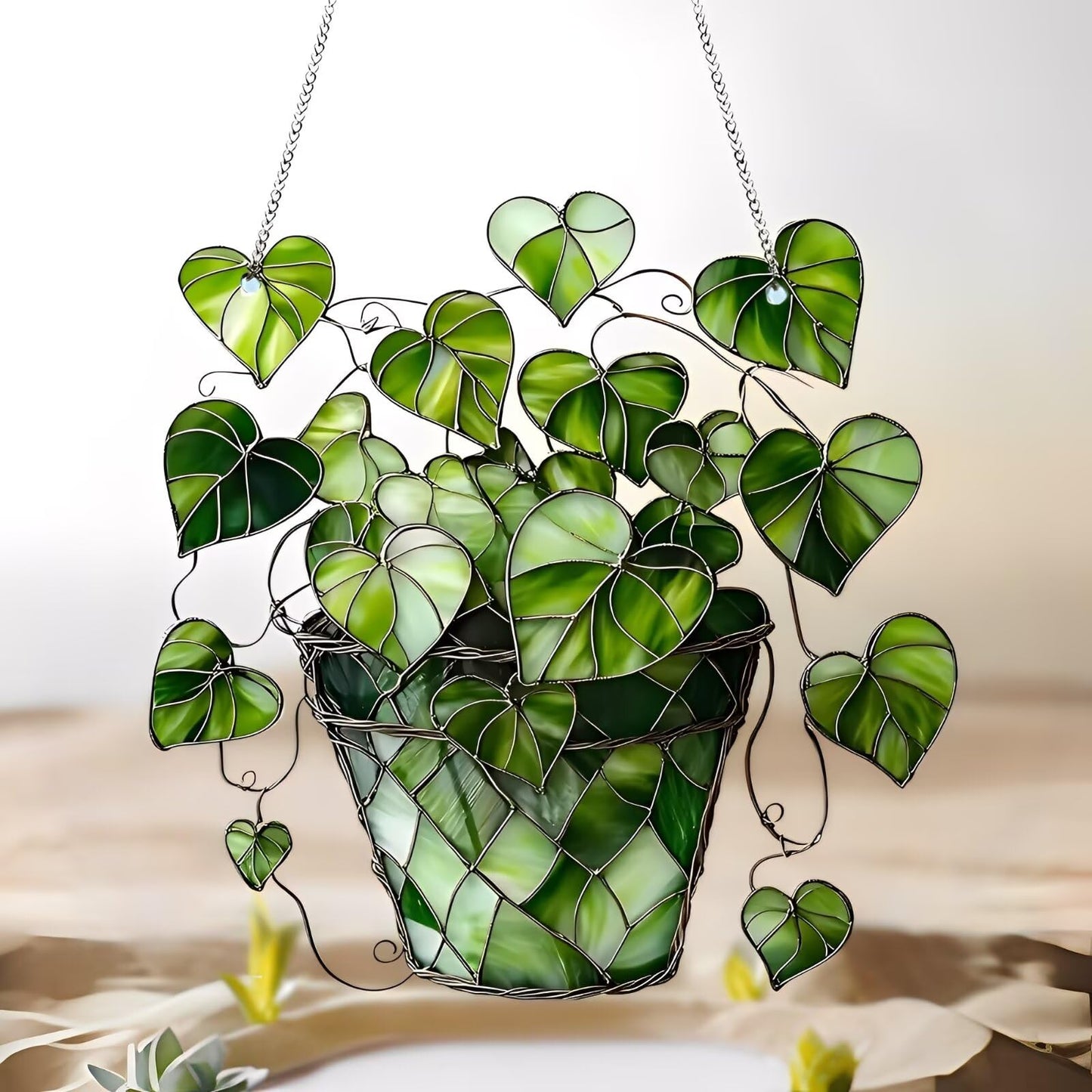 1PC Heart - Leaf Plant Acrylic Suncatcher Hanging, 7.08 inch Window Decor with Printed Stained Glass Style Design, Rainbow Maker Wall Art, Gift Idea & Garden Ornament Indoor Outdoor Use/ZW-03