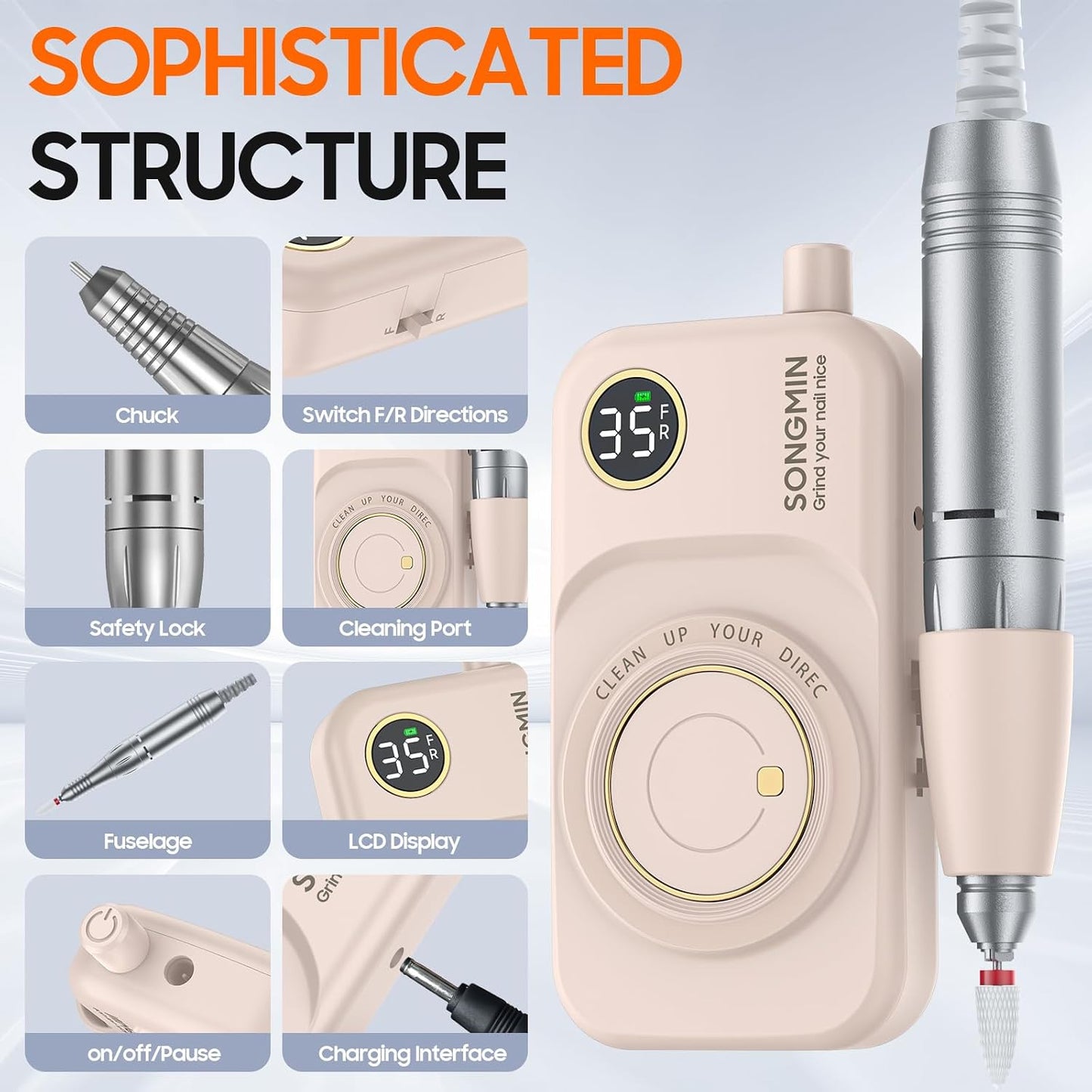 Professional Nail Drill - 35000 RPM Cordless Efile Kit for Acrylic & Gel Nails | Rechargeable Electric Nail File, Pink