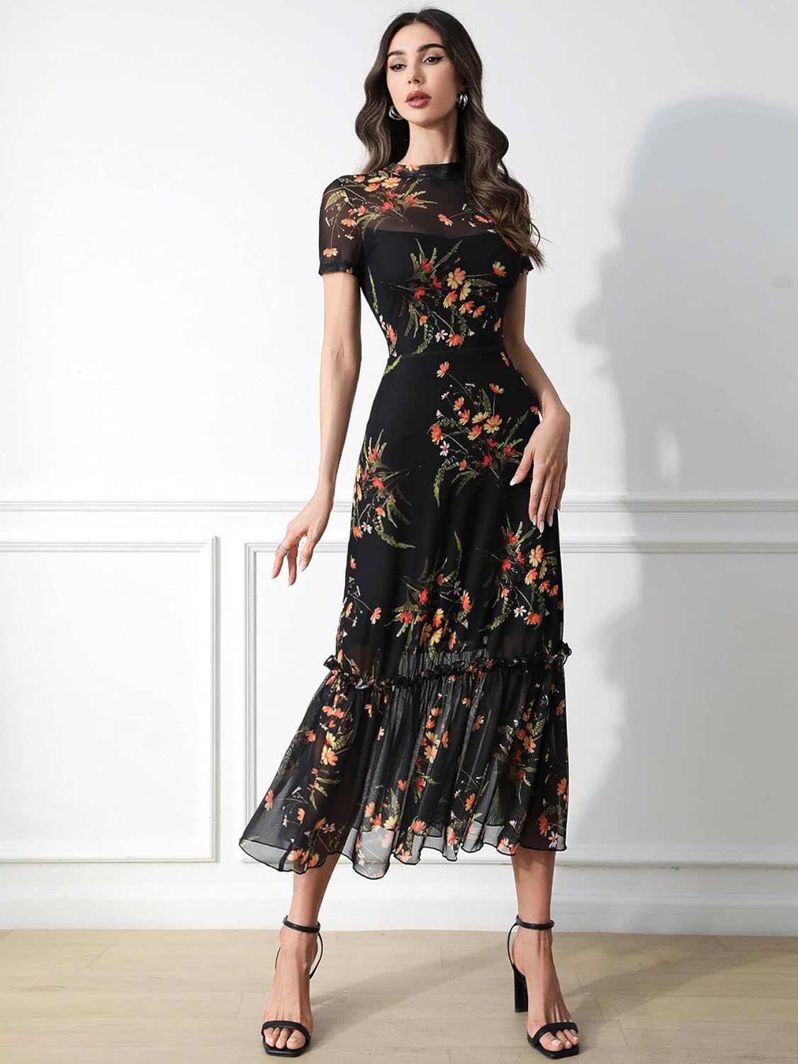 Floral Mesh Ruffle Maxi Dress for Women - Casual Summer Wedding Guest Dress | Short Sleeve, Waist-Cinched