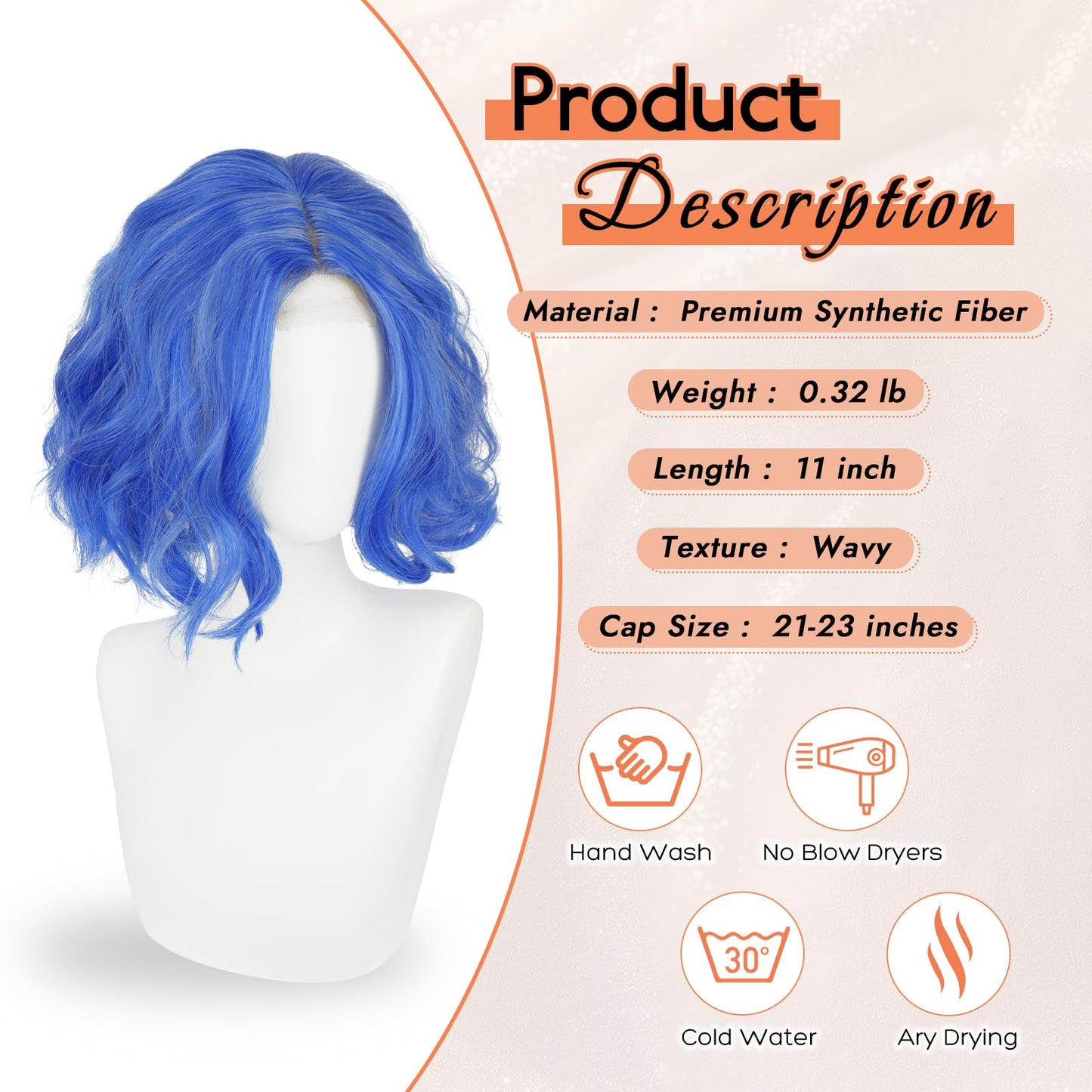 Haloo Blue Bob Wig for Women Lace Front Hairline Short Soft Wavy Curly Natural Looking Middle Part Synthetic Hair Wigs for Daily Party, 11 Inch Mixed Blue