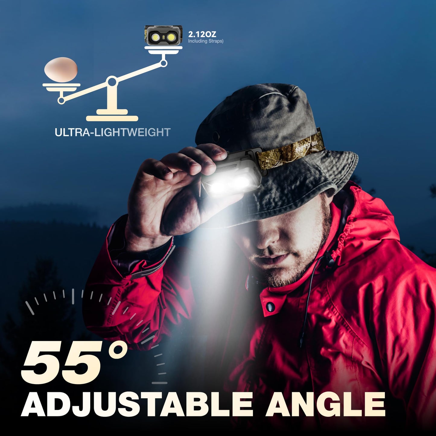 Mossy Oak 600 Lumens Rechargeable Headlamp, Lightweight LED Headlight with White & Red Light, Waterproof Head Lamp with Non-Slip Band, Dimmable & Memory Function for Hunting, Camping, Power Outage