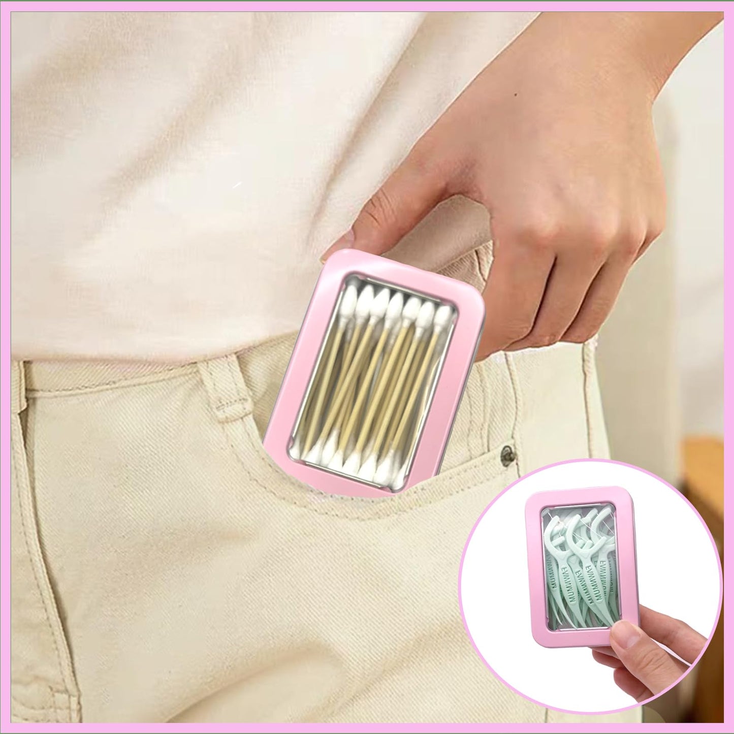 MatFirsmo Cotton Swab Holder for Travel, 2 Pcs Portable Small Dental Floss Holder Empty Metal Cotton Ball Holder, Travel Floss Picks Case with Dustproof Lid for Cotton Swabs Hair Ties Floss, Pink