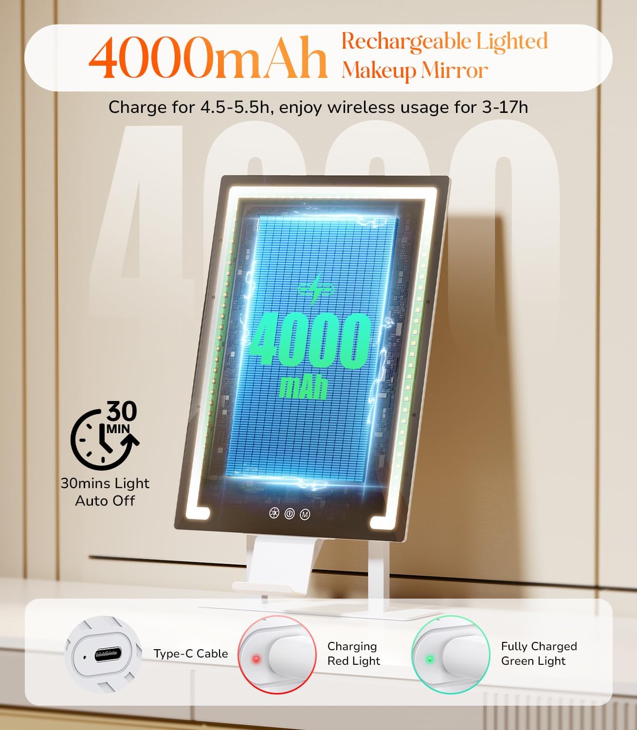 Lighted Makeup Mirror - Hollywood Rechargeable Vanity Mirror with 5X/10X Magnification & Dimmable Lighting | 11”x16.8” LED Tabletop Design