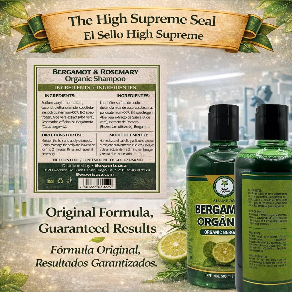 HIGH SUPREME Shampoo organic bergamot (16.9 fl oz) with aloe vera & rosemary SHAMPOO ORGANICO BERGAMOTA con Sabila & Romero Cont. net. 500 ml