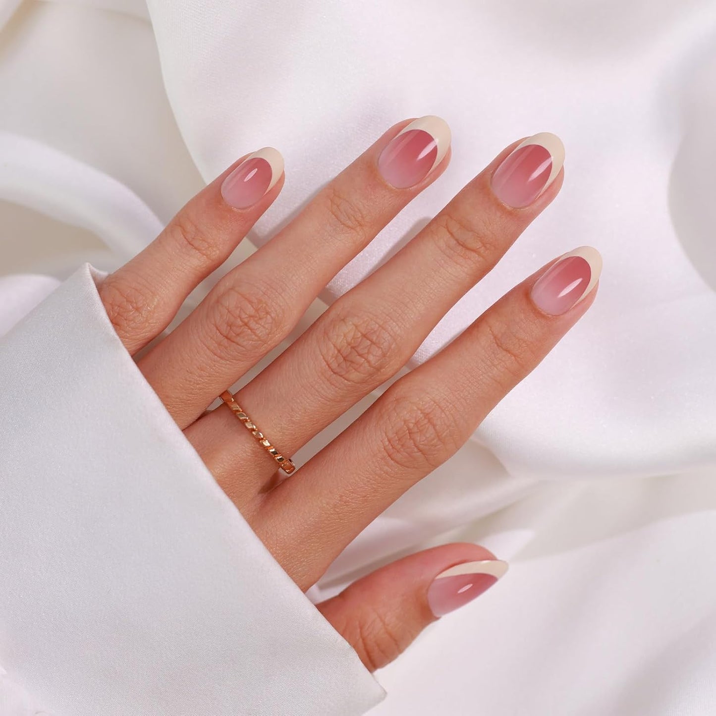 Chrome Press On Nails - Oval Soft Gel Nude Short for Women | 32 Reusable Glossy Glue-On Nails in 16 Sizes