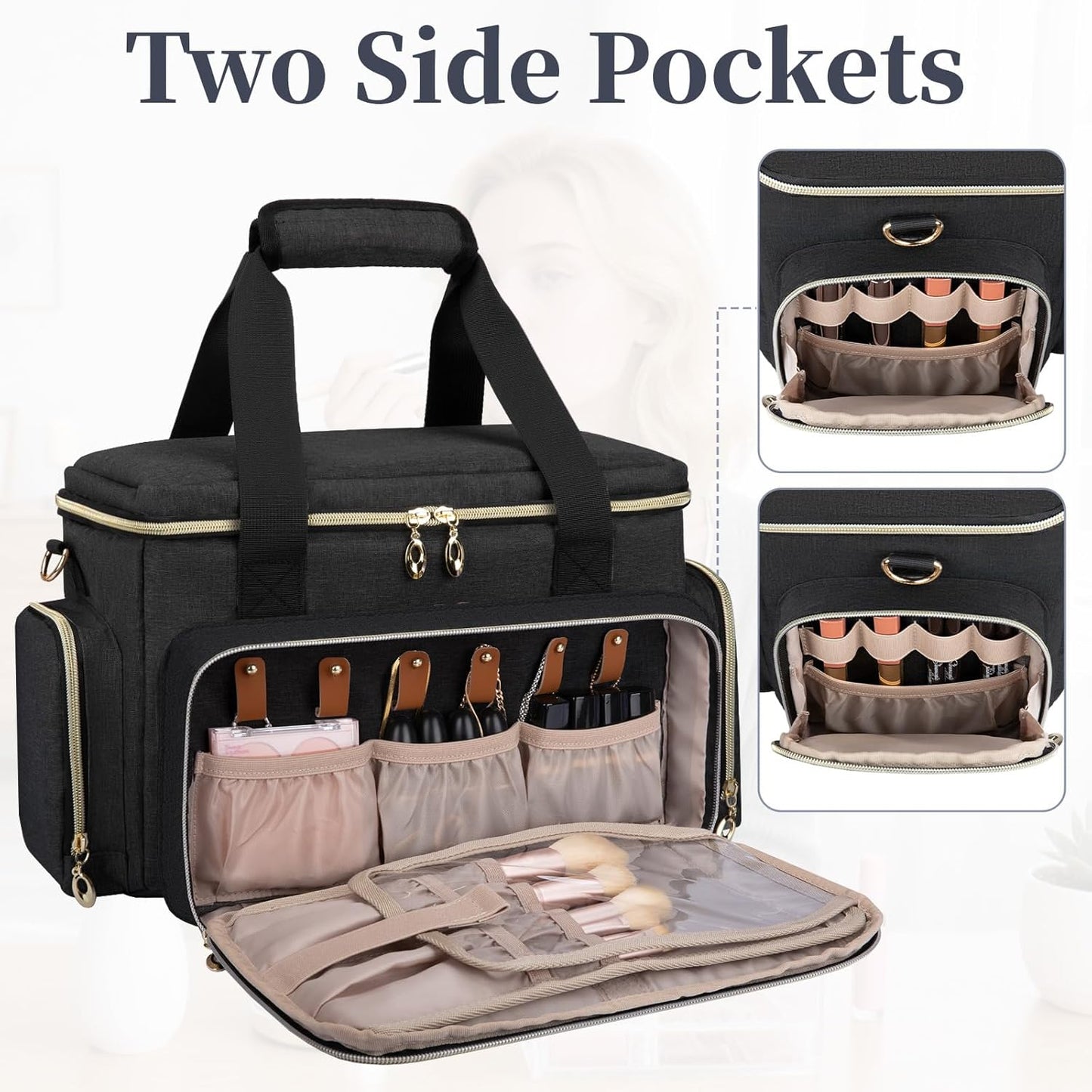 Large Makeup Bag Organizer - Portable Travel Cosmetic Case for Women | 2 Removable Pouches & Detachable Dividers - Black