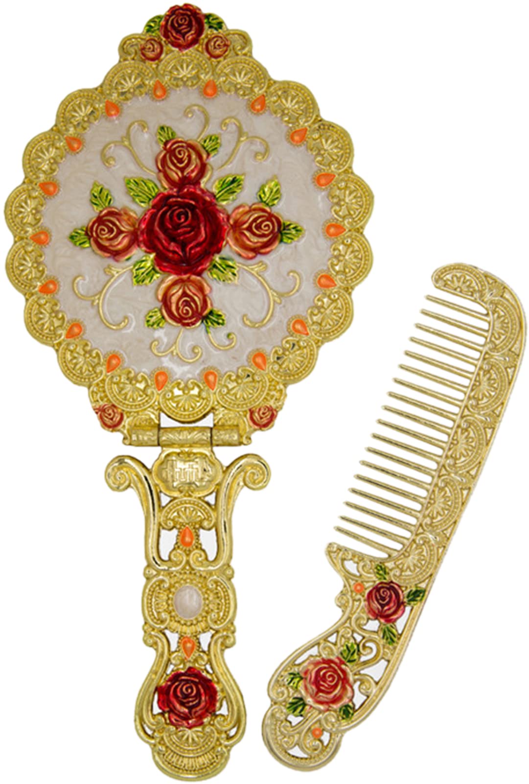 Vintage Hand Mirror Comb Set - Antique Vanity Handheld Makeup Mirror, Gold