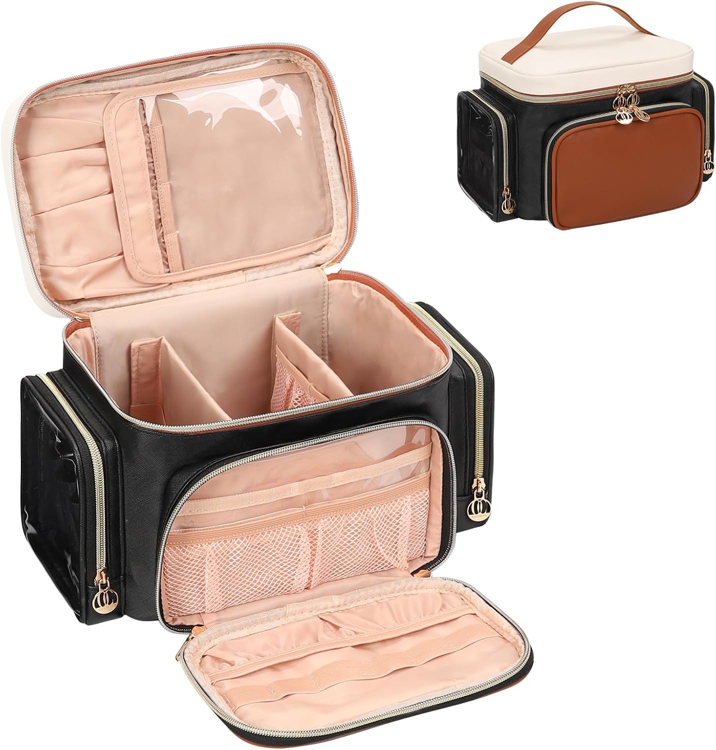 Large Makeup Bag Organizer for Women - Portable Travel Cosmetic Bag with Brush Compartment & Side Pockets | Black
