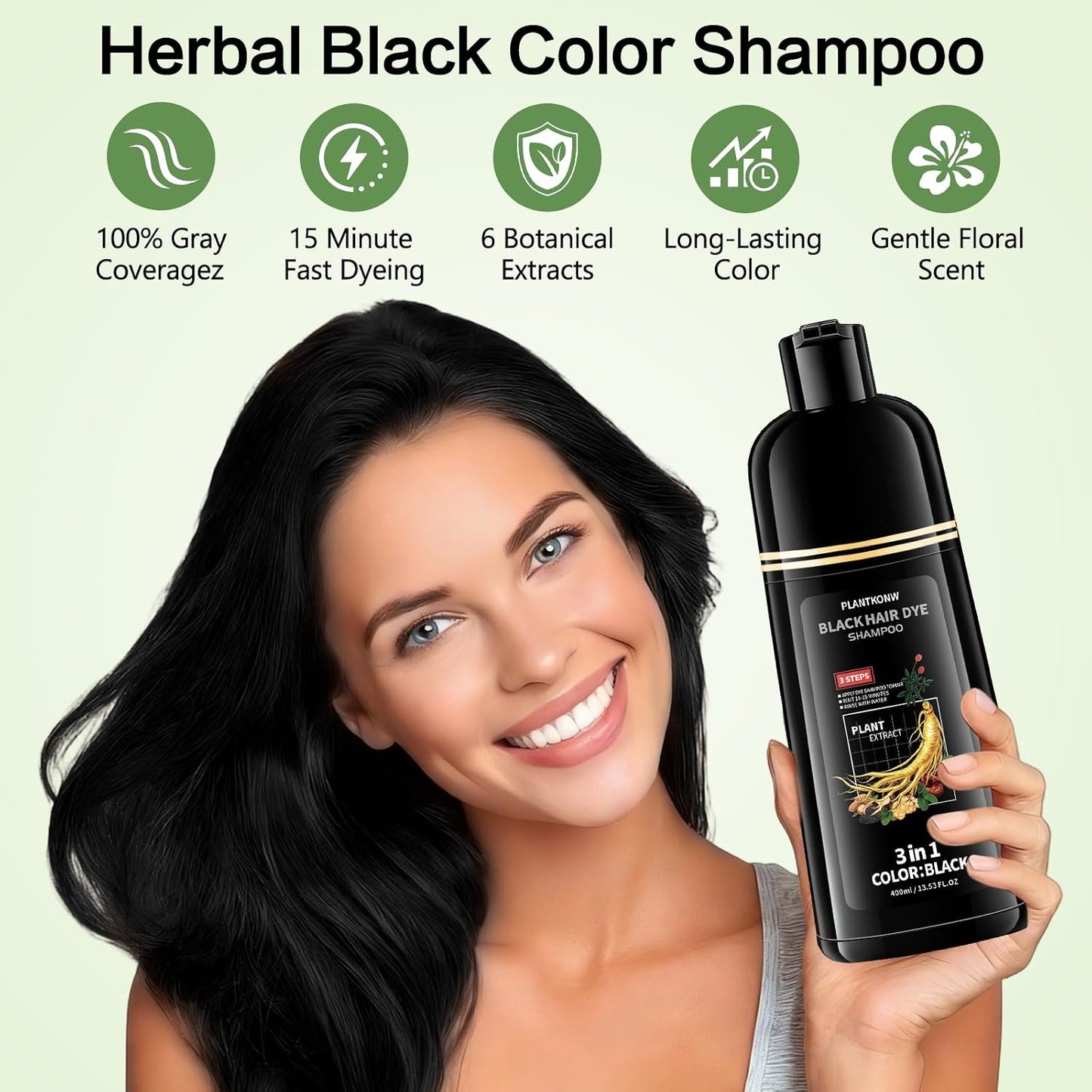 Black Hair Dye Shampoo - 3 In 1 Semi-Permanent Color for Gray Coverage | Ammonia & Paraben Free
