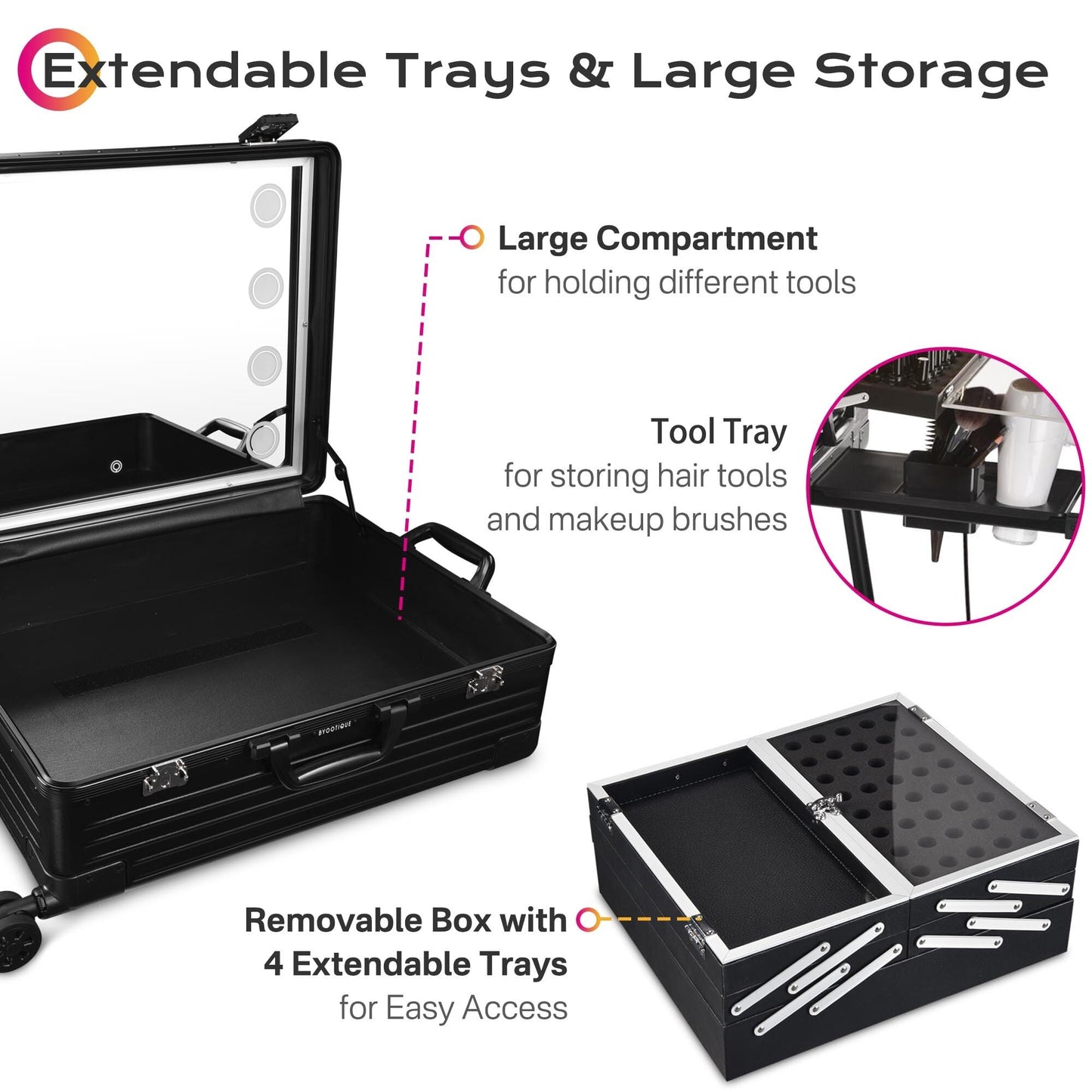 BYOOTIQUE Rolling Makeup Case with LED Lighted Mirror 24 Inch Professional