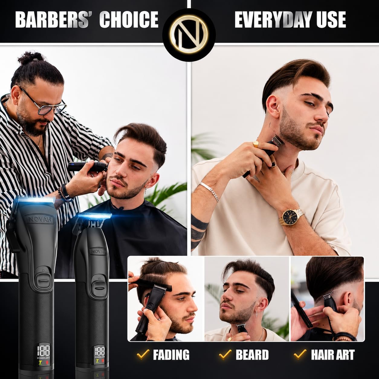 Novah® Professional Hair Clippers for Men - Cordless Barber Clipper & Trimmer Set | Perfect for Fade Haircuts