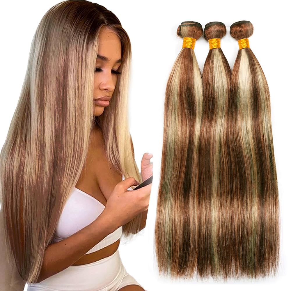 P30/613 Hilight Brown Bundles Human Hair Straight Bundles 22 22 22 Inch Blonde Straight Bundles Unprocessed Brazilian Virgin Hair 3 Bundle 100 Gram Per Bundle Deals Quick Weave Hair Extensions