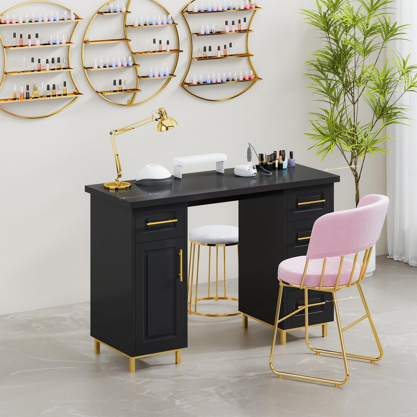 MaverickFurni Black and Gold Nail Tech Desk with Drawers, 43 Inch Manicure Table with Storage for Nail Tech, Nail Makeup Beauty Salon Table with 5 Drawers and Cabinet, Wooden Salon Spa Desk
