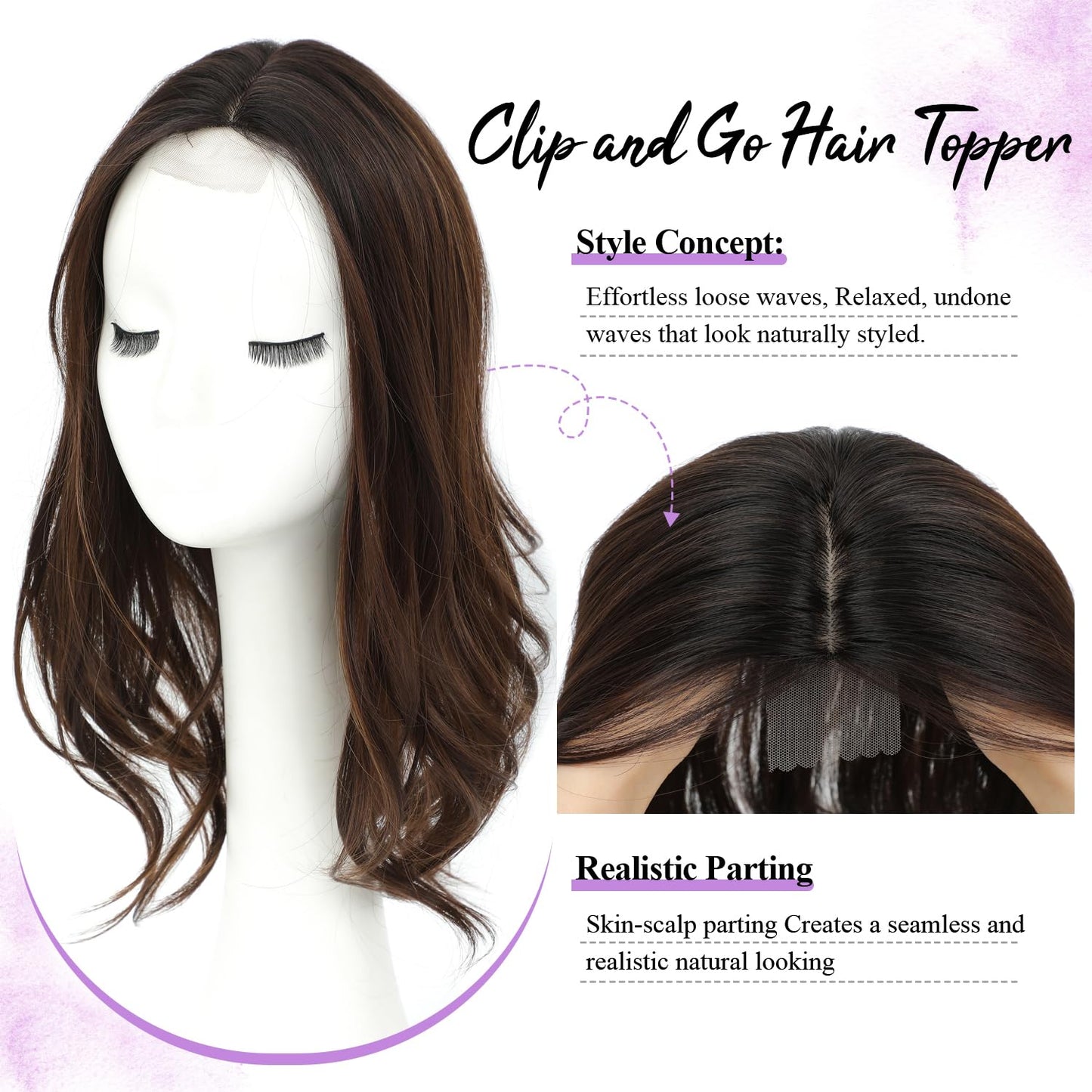 Fine Plus 18 Inch Hair Topper for Women with Thinning Hair, Synthetic Clip-in Hair Topper with Natural Body Wavy Texture Covers Gray Roots and Adds Volume Perfect for Daily Wear Parties and Vacation