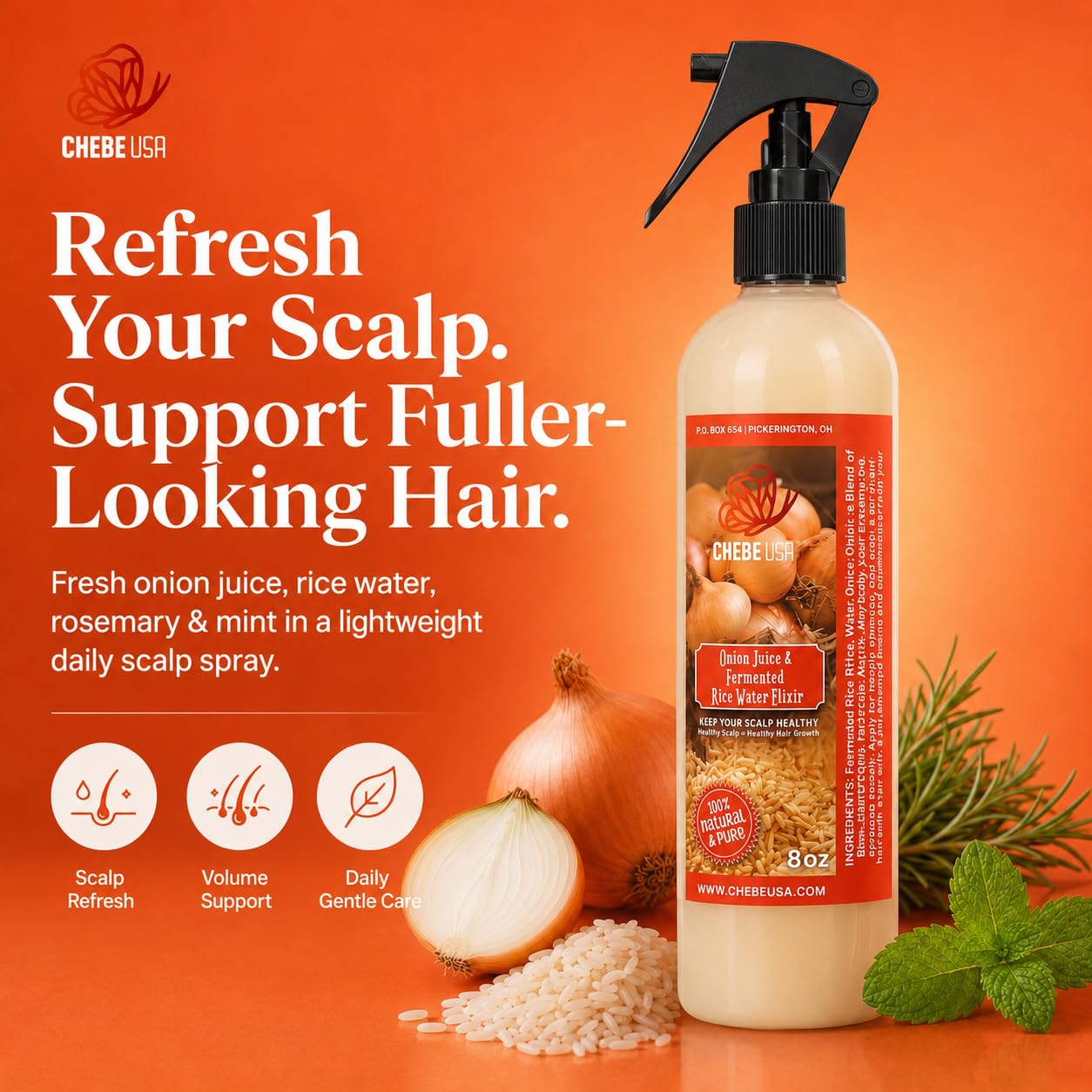 Fresh Onion Juice & Rice Water Hair Growth Spray with Rosemary & Mint (4 oz)– Strengthens Roots, Reduces Hair Fall, Promotes Thicker, Fuller Hair–Natural Scalp Treatment for Men & Women