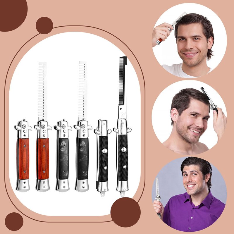 Zhehao 3 Pieces Folding Hair Comb Set - Wood Grain Switchblade Comb Pocket Knife Hair Brush Automatic Push Button and Stainless Steel Switch-blade Folding Pocket Combs for Men Grooming Travel Outdoor