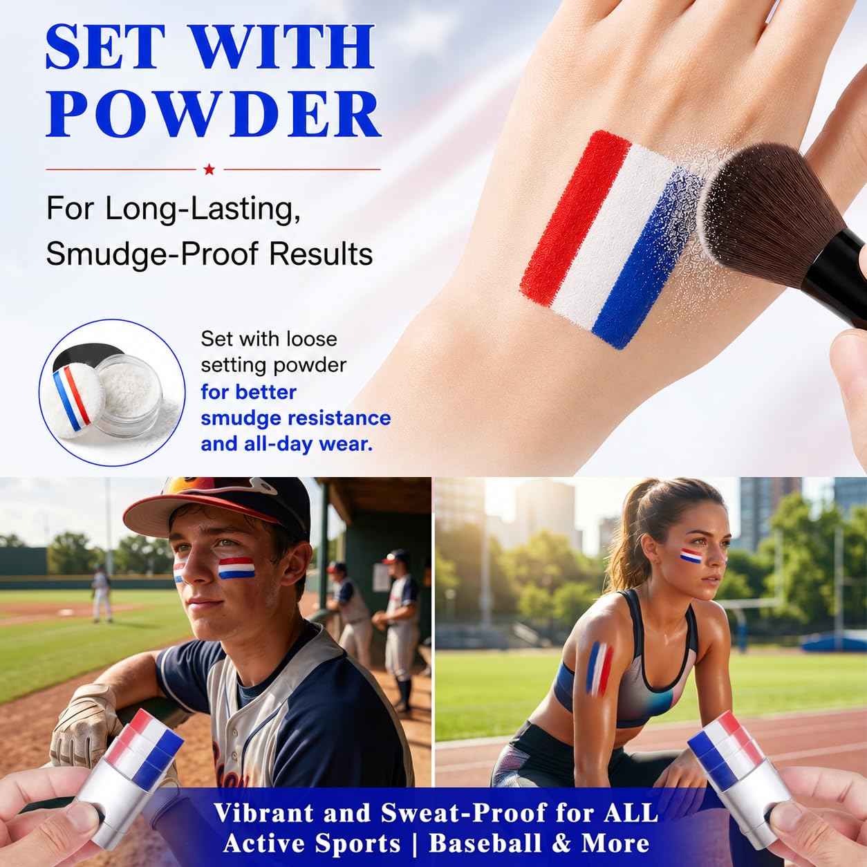 Faglowmify 2Pcs Red White and Blue Eye Black,USA Flag Face Paint Makeup for 4th of July America Independence Day,Baseball Face Paint for Game Day