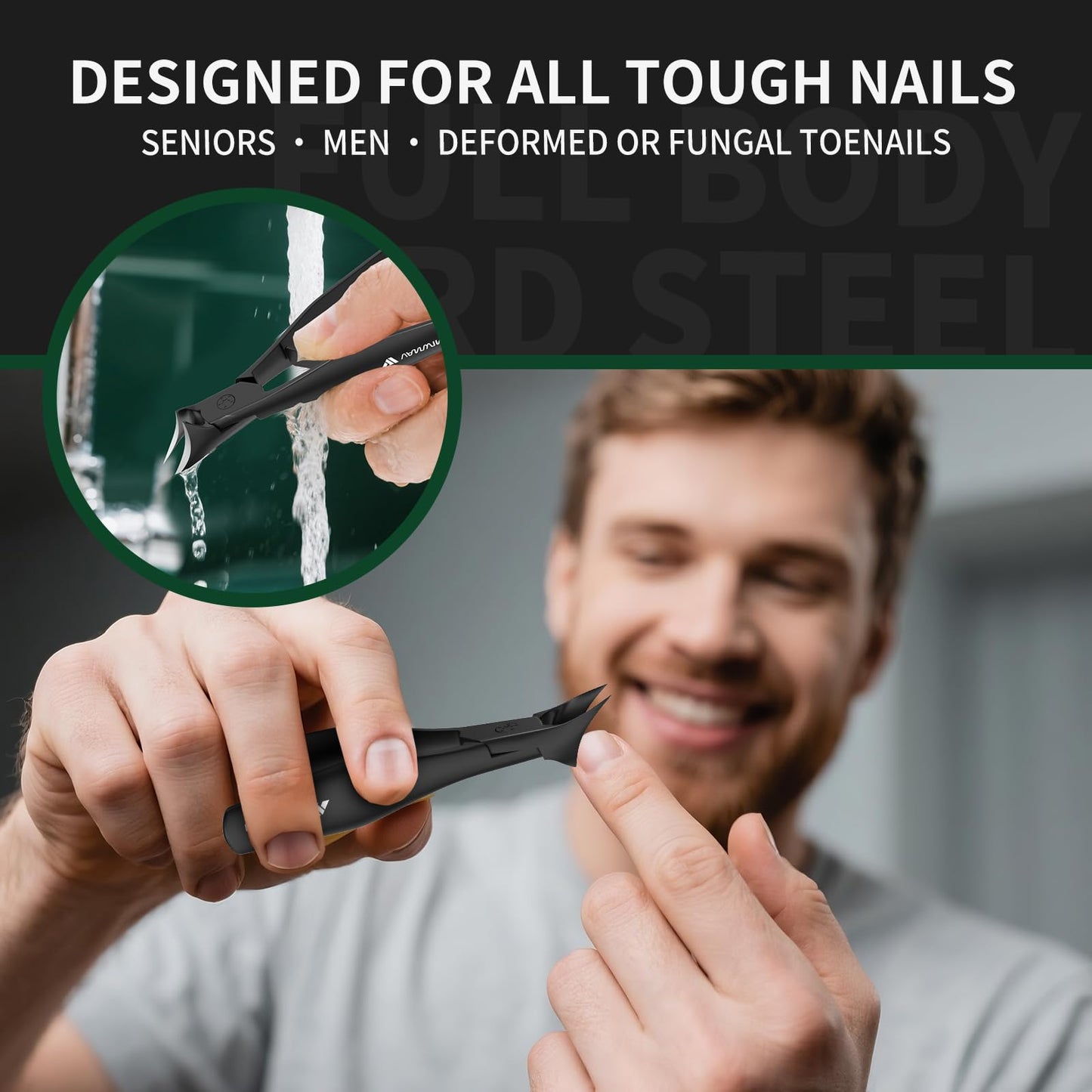 VANWIN Ingrown Nail Clippers, Slant Curved Blade Nail Clippers for Men Thick Ingrown Toenails with 33mm Wide Jaw Opening, Heavy Duty Stainless Steel Toenail Clippers for Seniors Thick Toenails Black