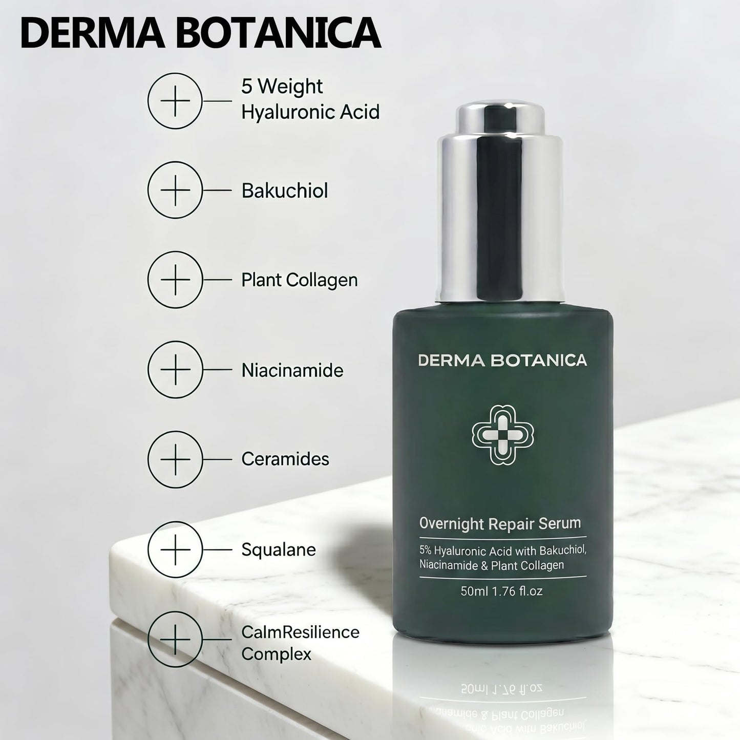 Derma Botanica Overnight Repair Serum, One formula replaces 3 serums.