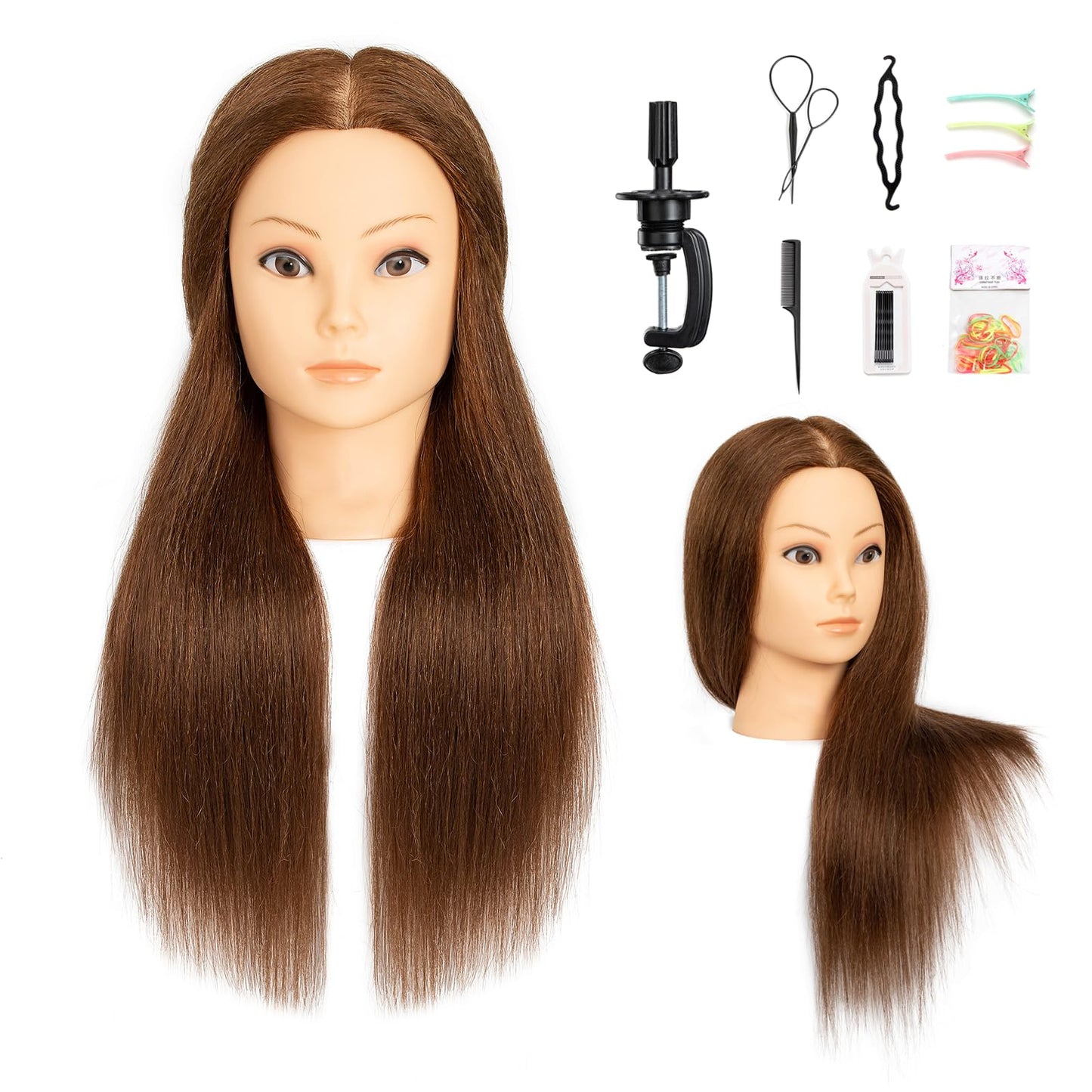 Mannequin Head 100% Real Human Hair, Cosmetology Human Hair Mannequin Head Hairdresser Practice Training Head (Brown)