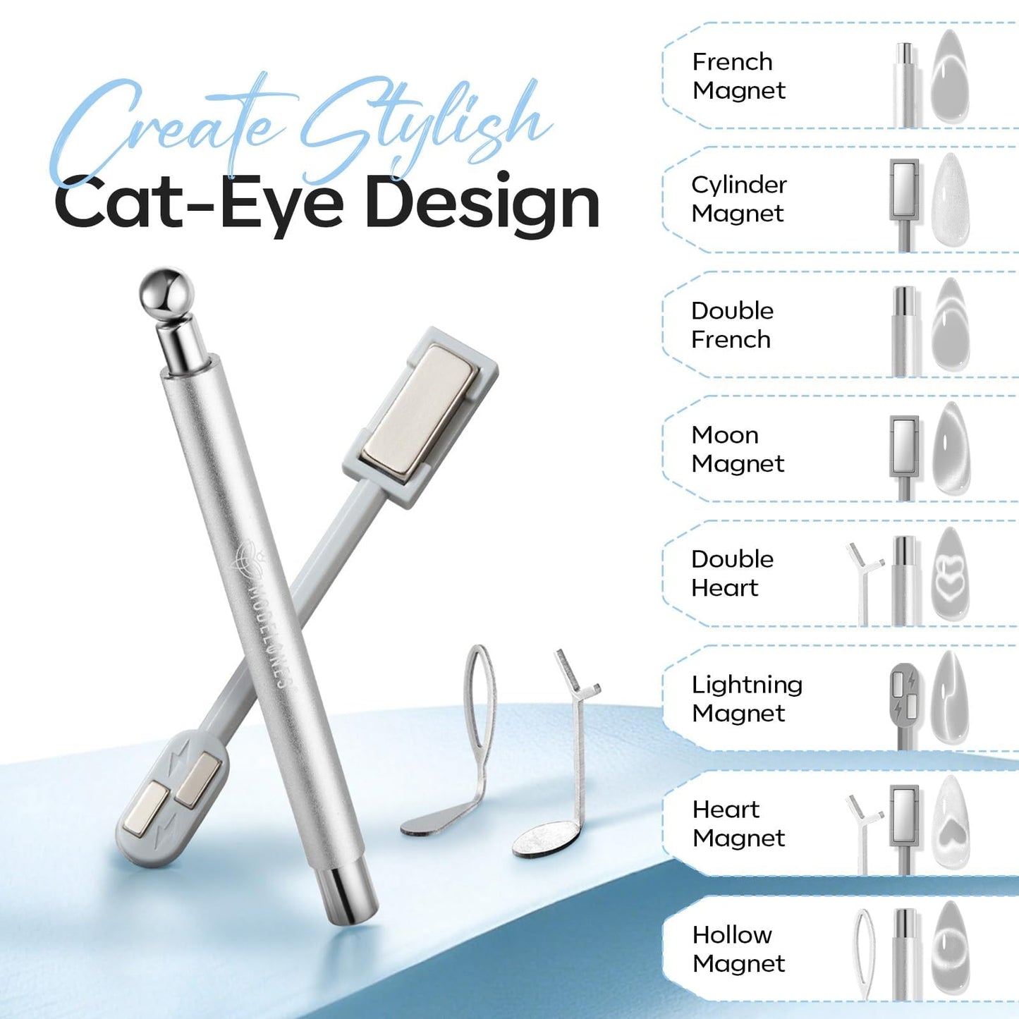 modelones Cat Eye Magnet Set, 5PCS 3-in-1 Dual-Head Nail Magnet Pen with Heart, Lightning & Ball Shapes for Cateye Gel Polish, Side Light Wide Light Glass Glow Effects, DIY Nail Art Tool
