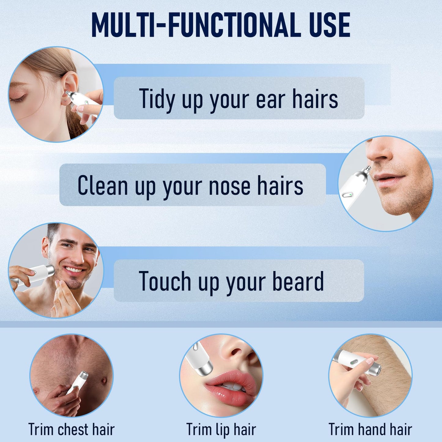 ELZO Nose Hair Trimmer for Women Men, 2 in 1 Rechargeable Flawless Facial Hair Removal & Nose Ear Hair Trimmer, Portable Face Hair Removal Shaver for Chin Upper Lip Peach Fuzz Ideal for Travel Use