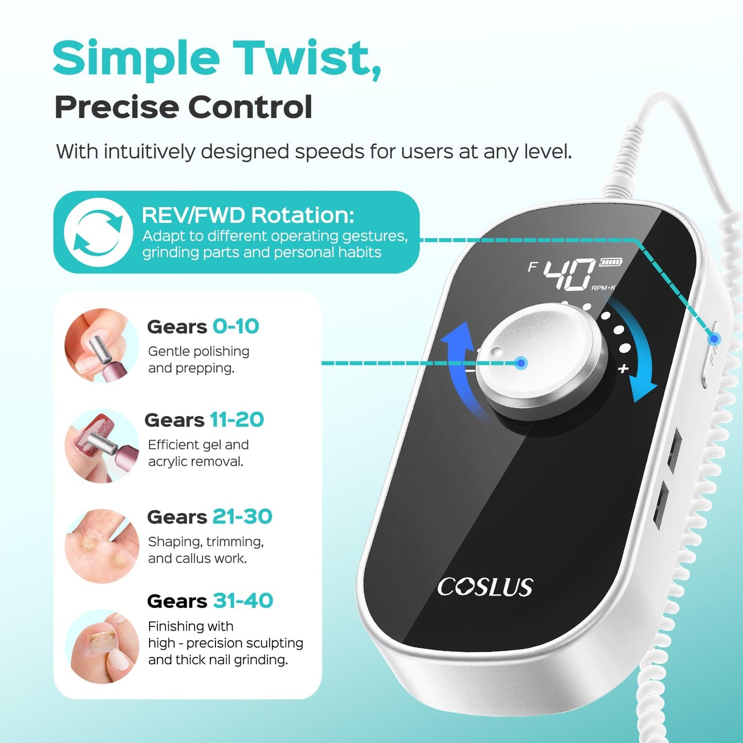COSLUS E51 Electric Nail Drill Professional: Rechargeable Nail File with Stand for All Manicure Shaping & Gel Removal, Entry-Level Easy, 40000RPM E-File for Nail Art Practice, Home DIY and Salon White