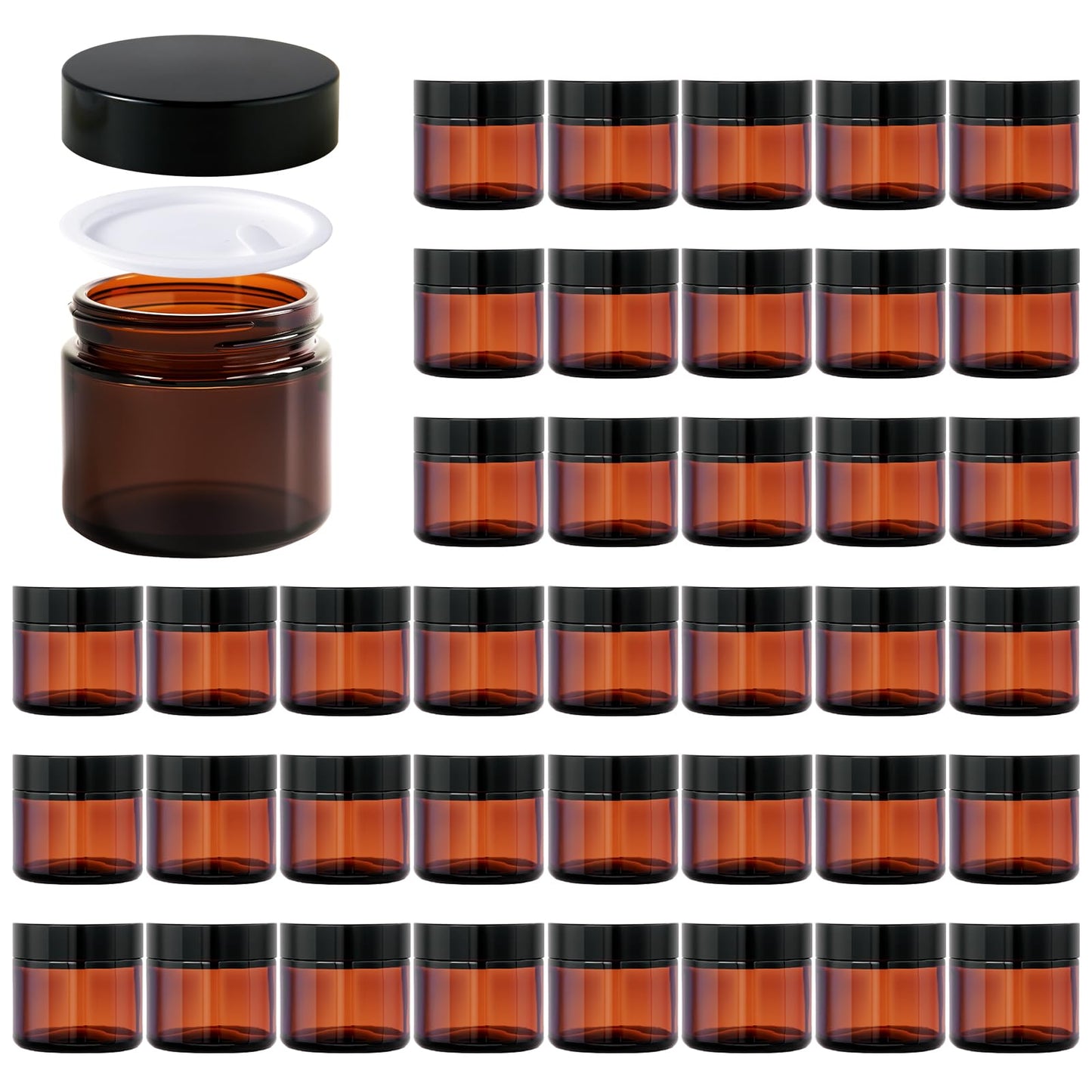 11 Hoa Kinh 2oz Jars with Lids 40 Pack Amber Glass Jars with Lids Empty Cosmetic Containers Round Airtight Glass Jar with Black Lid for Storing Lotions Powders Ointments