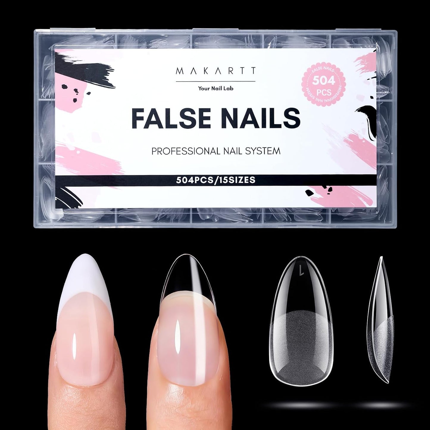 Coffin Nail Tips - 504 PCS Pre-Etched Clear Acrylic Full Cover | 15 Sizes for Salon & DIY Use