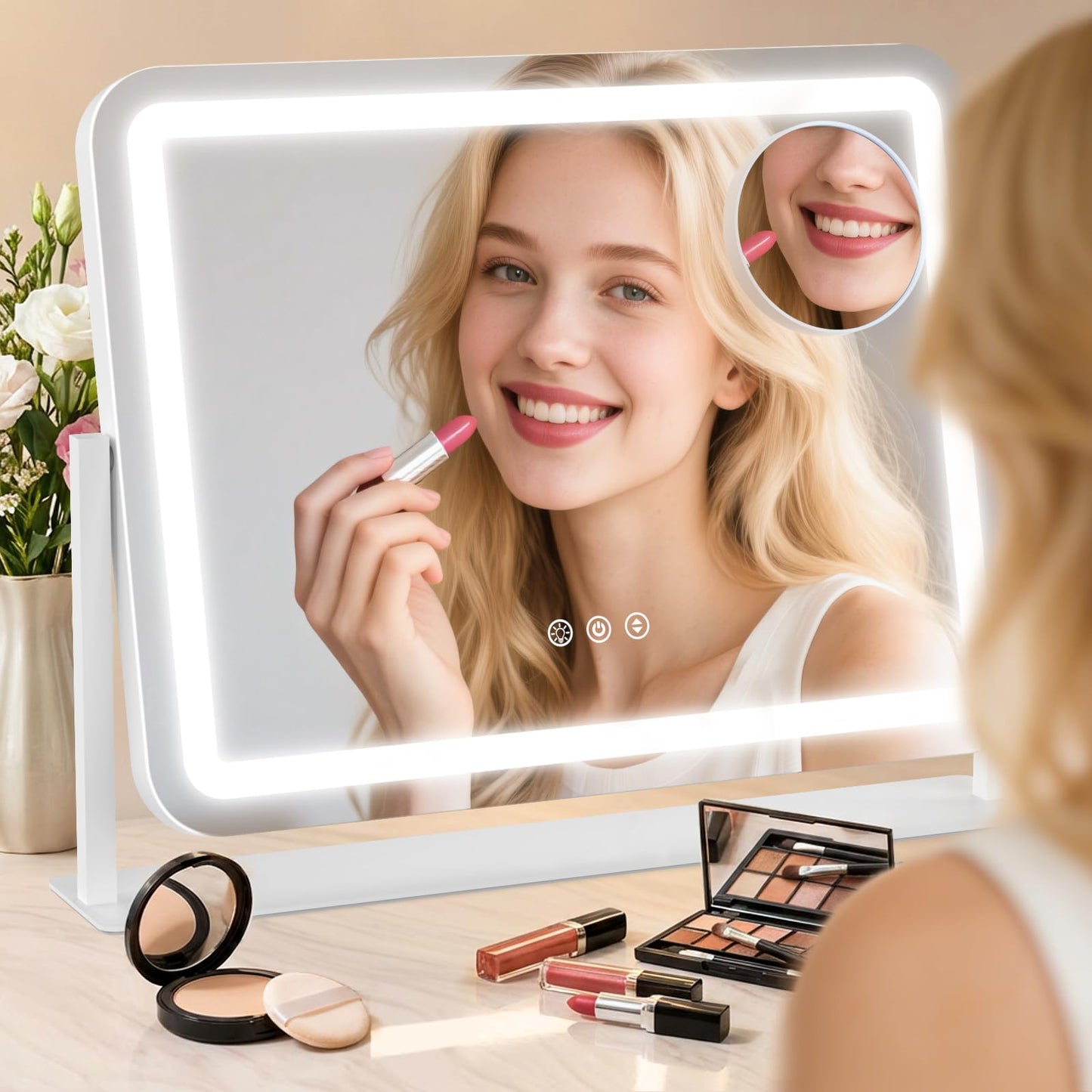 Vanity Mirror with Lights 22"x17", Lighted Makeup Mirror with 10X Magnification 4.5", 3 Color Dimmble Lights, Touch Control, 360° Rotation, Metal Frame, Women's Gift, For Bedroom/Dressing Room, White
