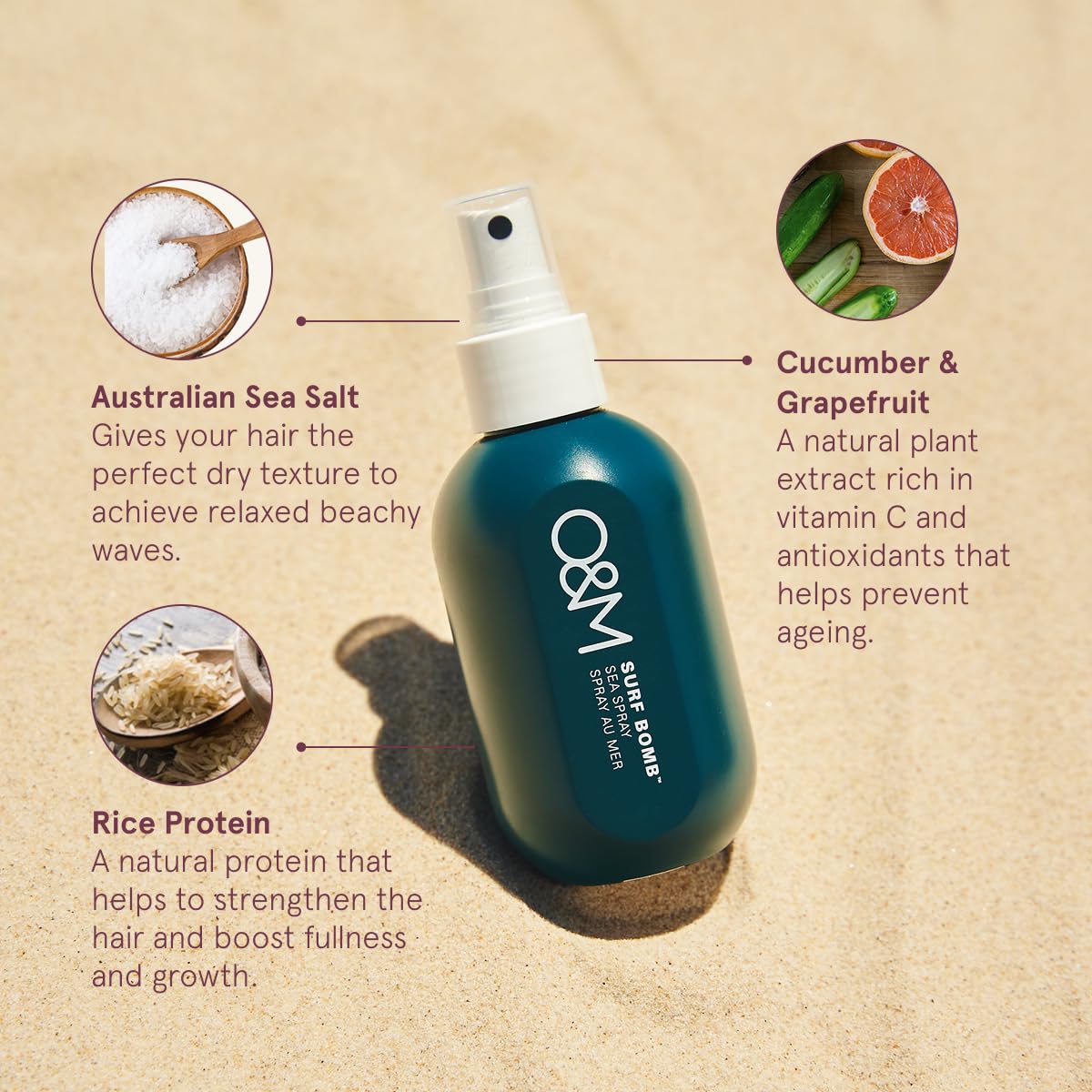 O&M Surf Bomb Sea Salt Texture Spray, Natural Texturizing Mist for Beach Waves, Hair Styling Product for Women & Men, Vegan Formula, UV Protection, Hair Volume Enhancer, 150ml