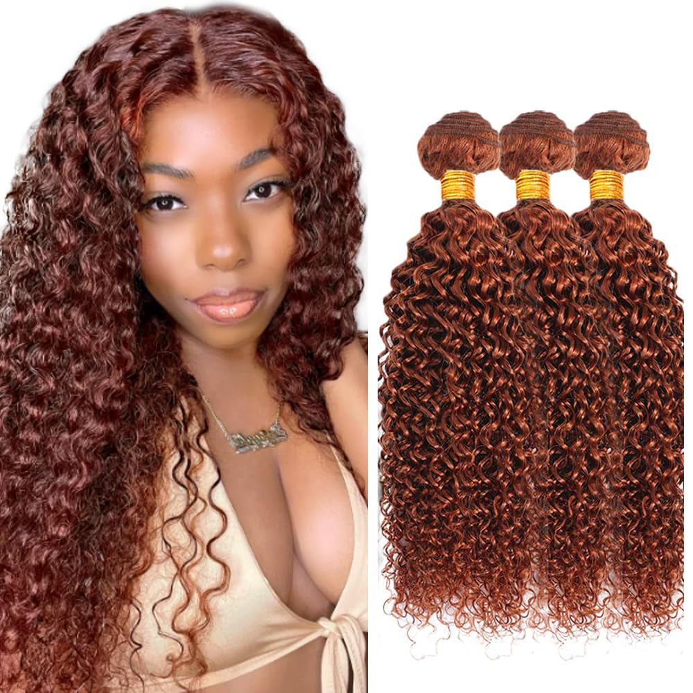 330g Color #33 Bundles Human Hair Reddish Brown Kinky Curly Bundles 24 26 28 Inch 8A Peruvian Virgin Remy Mixed Length 3 Bundle Copper Human Hair Bundle