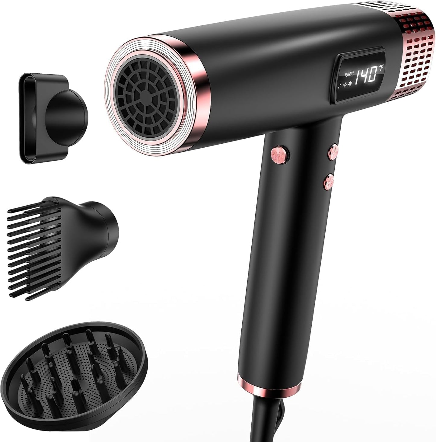 Travel Hair Dryer with Diffuser - 1875W Ionic Fast Drying & Frizz Control | Lightweight, Dual Voltage (110-240V) - Black