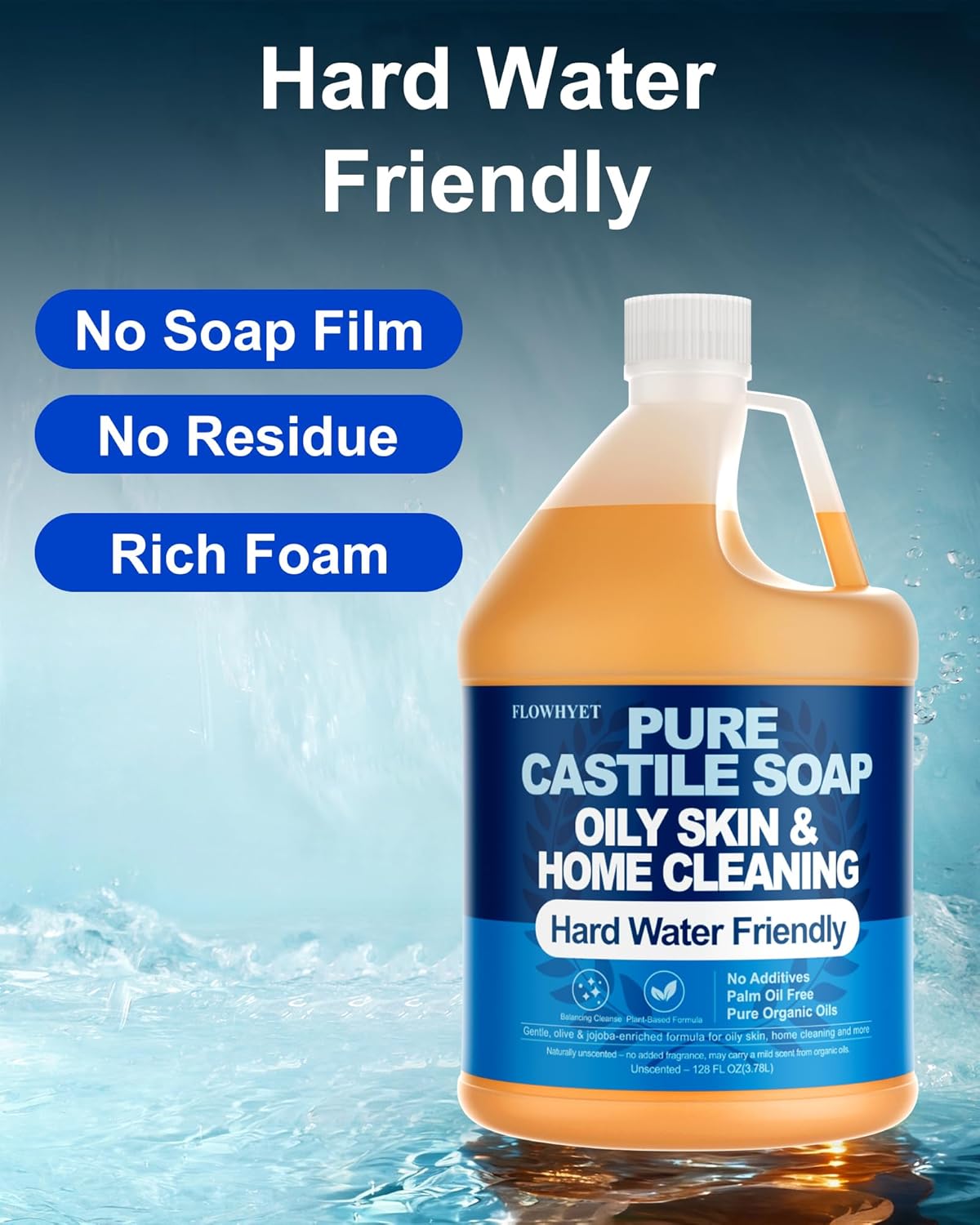 Pure Castile Soap - EWG Verified Organic Liquid Hand Soap Refill | Unscented, 1 Gallon - Ideal for Oily Skin & Home Cleaning