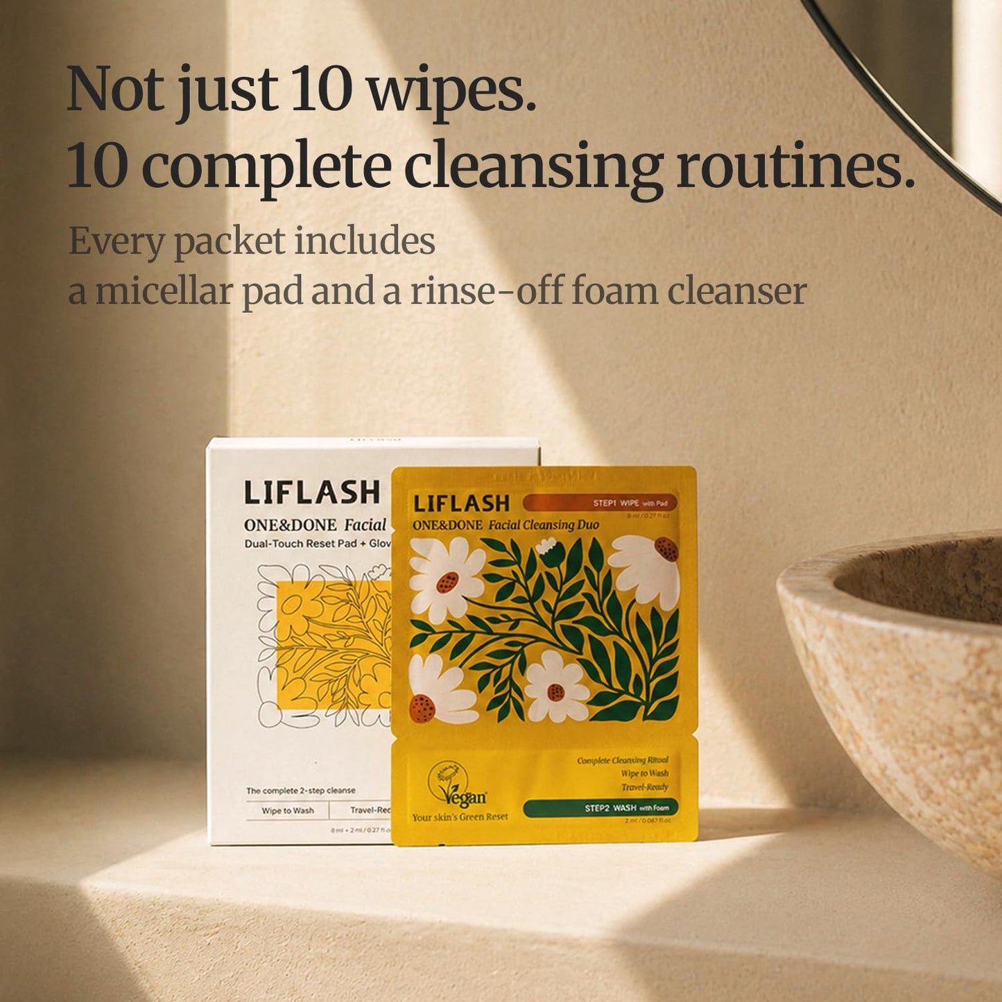Travel Size Face Wash Packets, 2-Step Single-Use Cleanser (Micellar Pad & Foam), LIFLASH Facial Cleansing Duo, Makeup Remover, TSA-Friendly Double Cleanse, Individually Wrapped, Vegan K-Beauty, 10Ct
