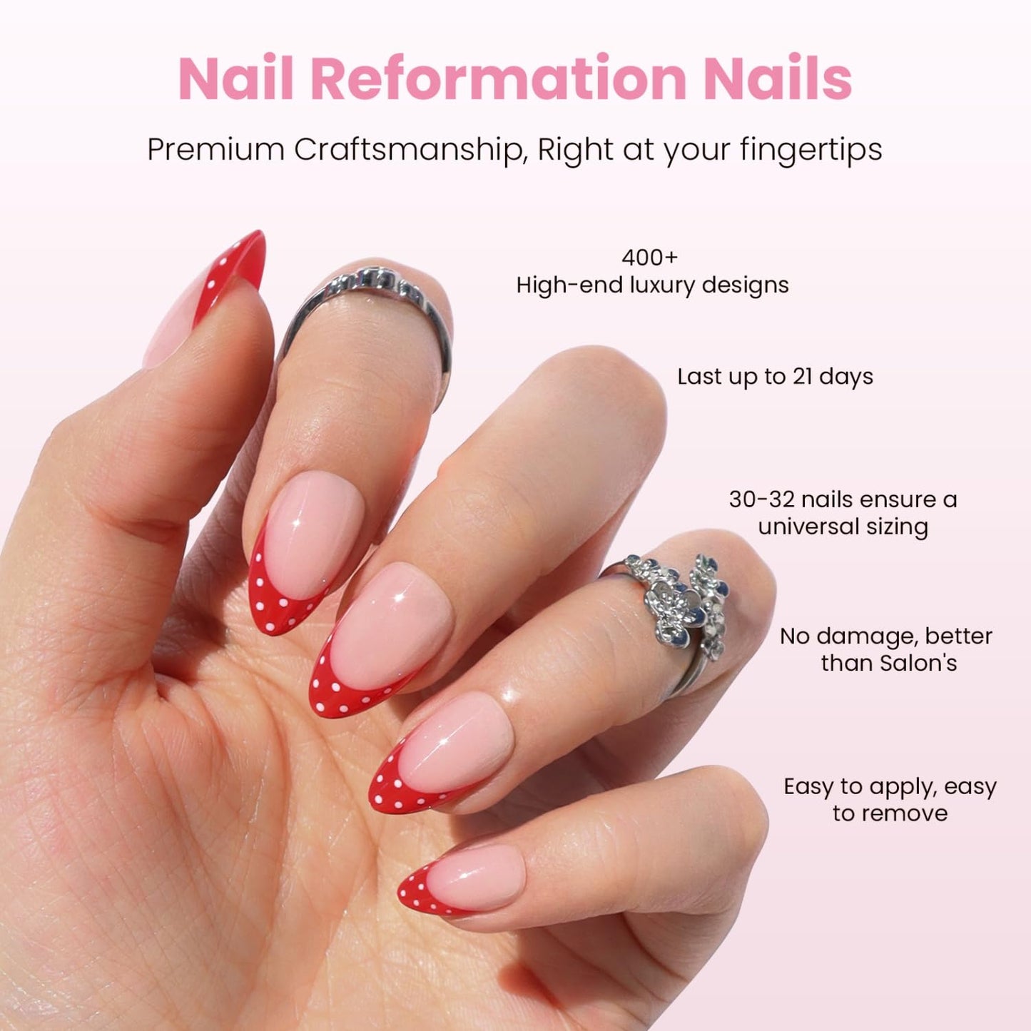 Press On Nails - Strawberry Seed Milky Pink Almond Fake Nails with Red Polka Dot French Tip | Glossy Reusable 32 Pcs in 16 Sizes - Perfect Manicure Gifts for Women