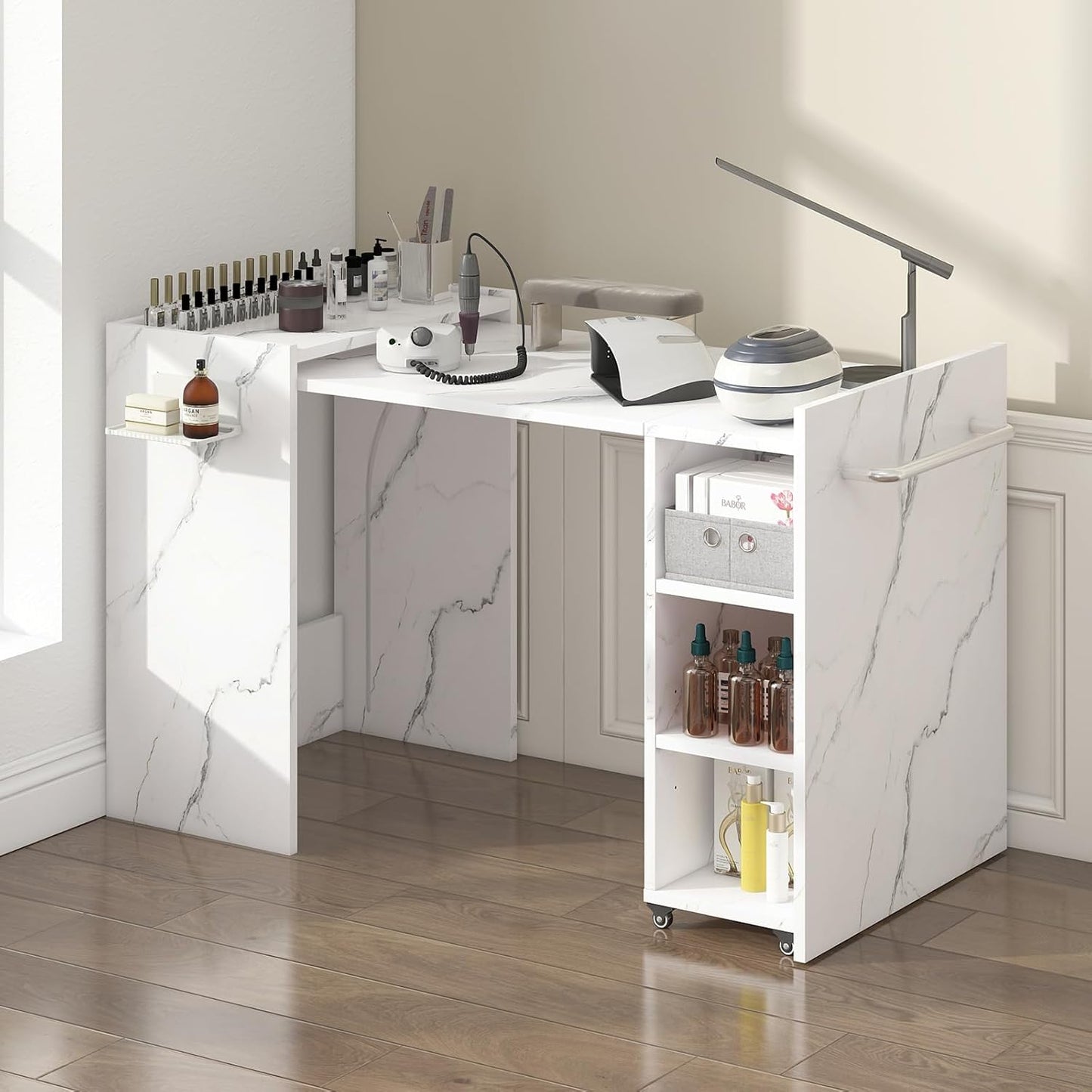 Foldable Manicure Table - Expandable Nail Tech Desk with Storage Drawer | Modern White Marble Design for Home & Salon