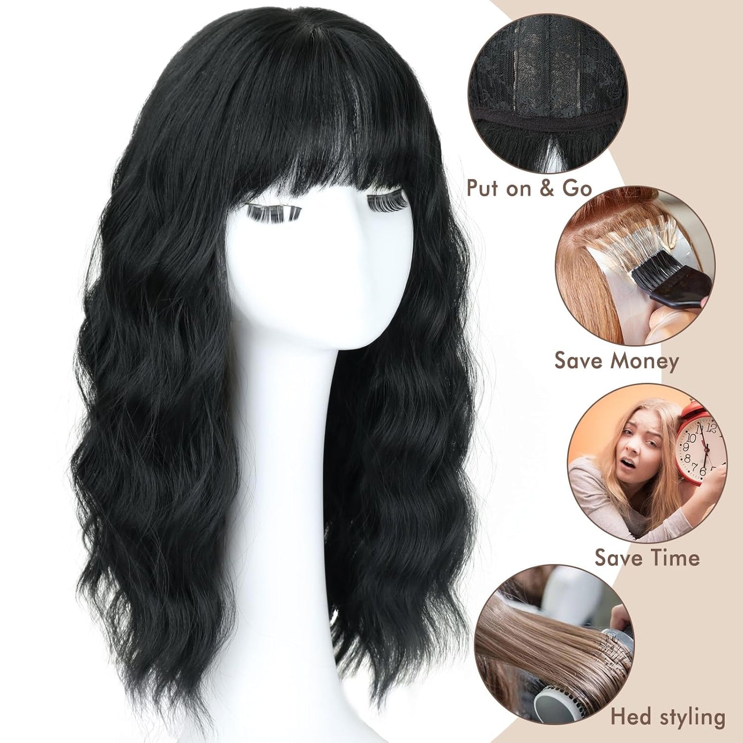 Long Wavy Black Wig for Women - 20-Inch Shoulder-Length Synthetic Hair with Bangs | Heat Resistant
