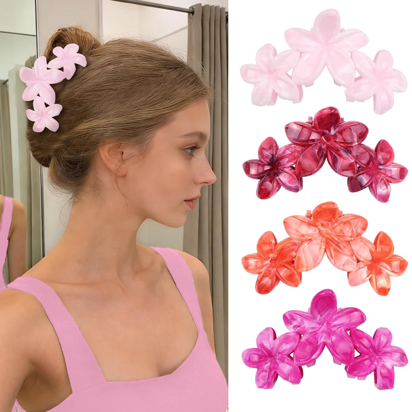 Cute Hawaiian Flower Claw Hair Clips - 4Pcs Large Clips for Thick or Thin Hair | Pink & Red Beach Accessories