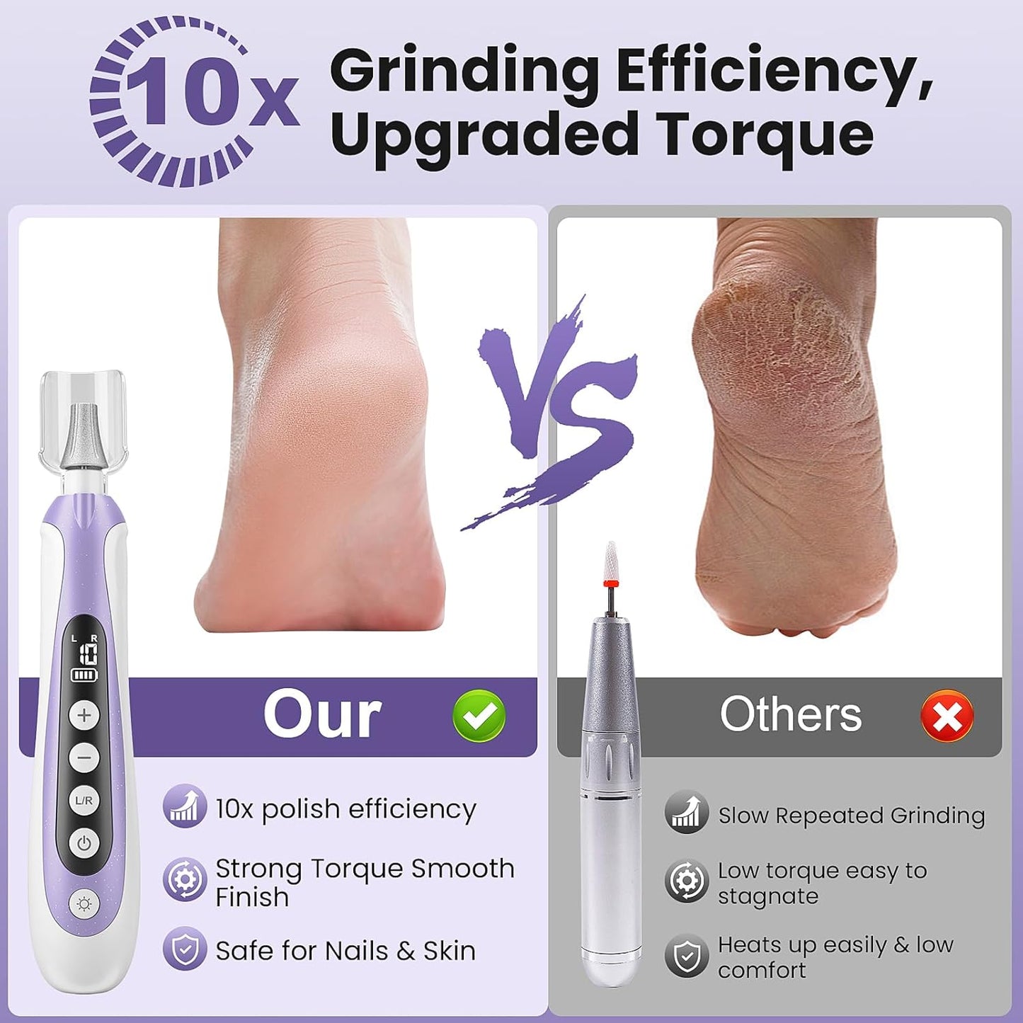 Electric Nail Drill - 10-Speed Cordless Nail File Kit for Thick Toenails | Rechargeable Manicure Pedicure Set with LED Display, Purple