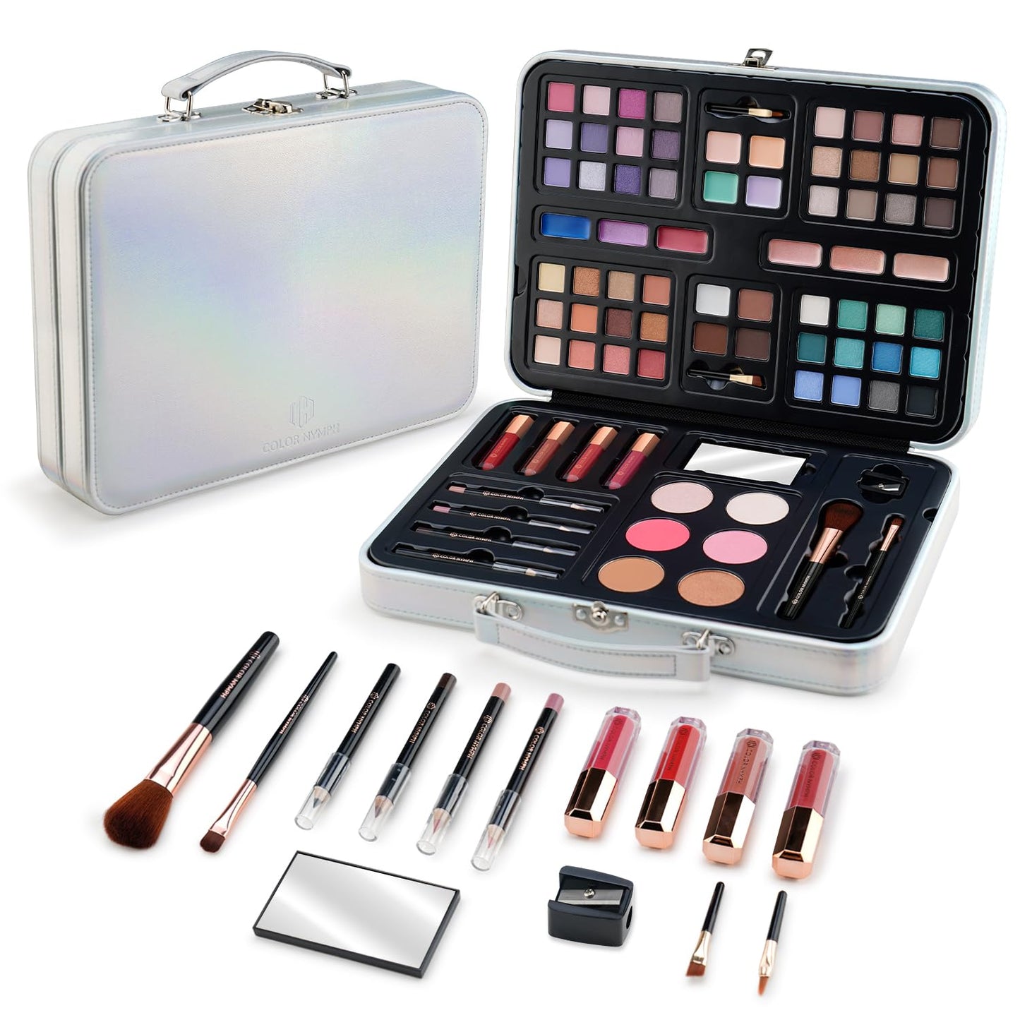 Multipurpose Makeup Kit for Teen Girls - Non-Toxic Travel Set | Eyeshadows, Blush, Bronzer, Highlighter, Lip Gloss & Brushes in Gold Case