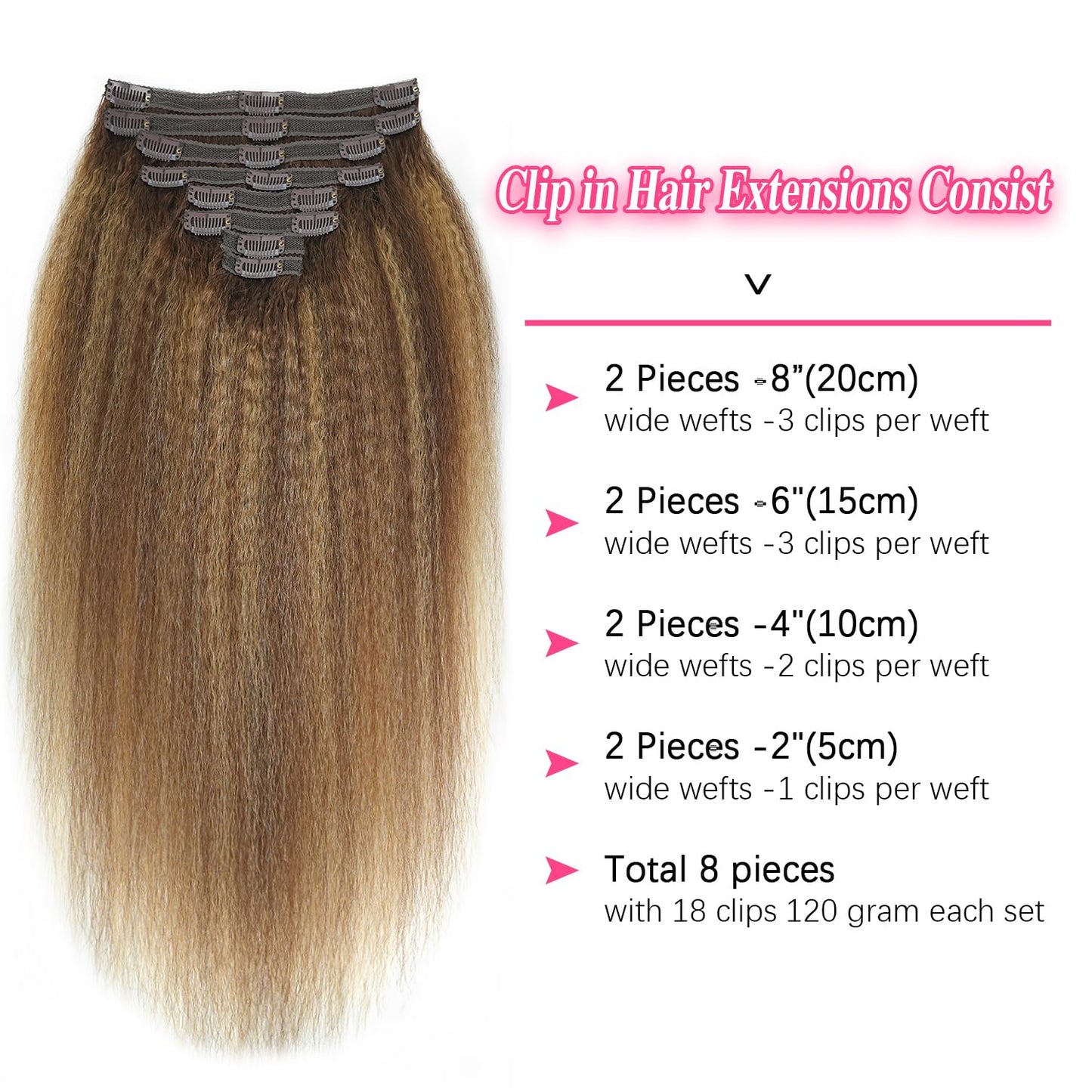 Mihugass Kinky Straight Clip in Hair Extensions Real Human Highlight Clip ins For Women Unprocessed Clip on Hair Extensions(16inch,#4/27/4)