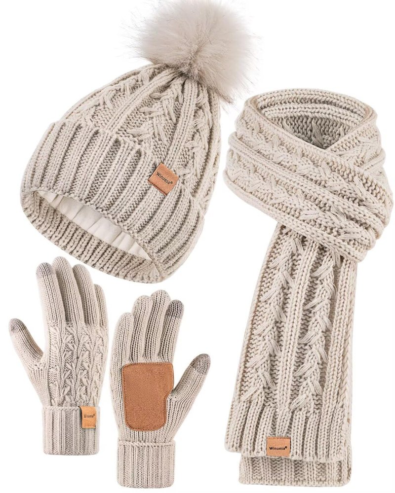Womens Beanie Hat Scarf Gloves Set, Soft Fleece Lined Winter Hat with Pom Pom, Long Knit Scarf Neck Warmer Touchscreen Gloves for Cold Weather, 3 in 1 Warm Set(Oatmeal)
