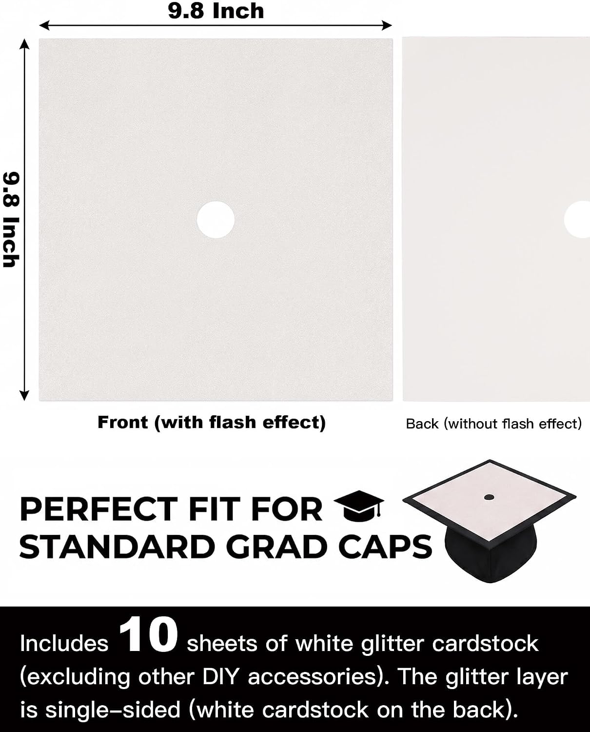 White Glitter Cardstock for Graduation Cap Decorations - 10 Pcs | 9.8 Inch DIY Grad Hat Topper